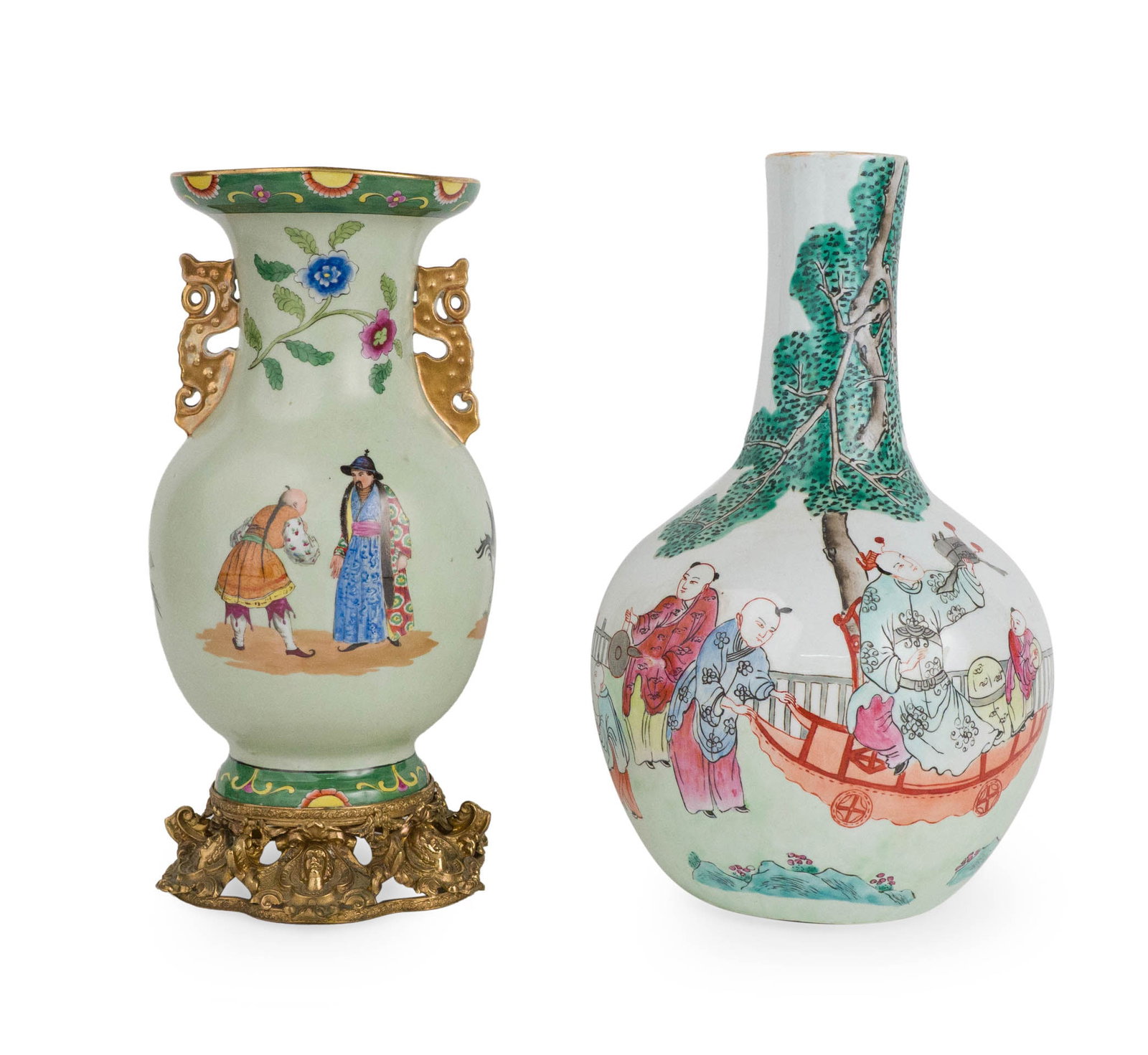 Chinese Famille Rose Bottle Vase: Chinese Famille Rose Bottle Vase Marked underside. Together with a Chinese famille rose vase, ormolu-mounted at a later date. 13 1/2 x 8 in. (34.3 x 20.3 cm.), and 12 3/4 x 6 1/2 in. (32.4 x 16.5 cm.)