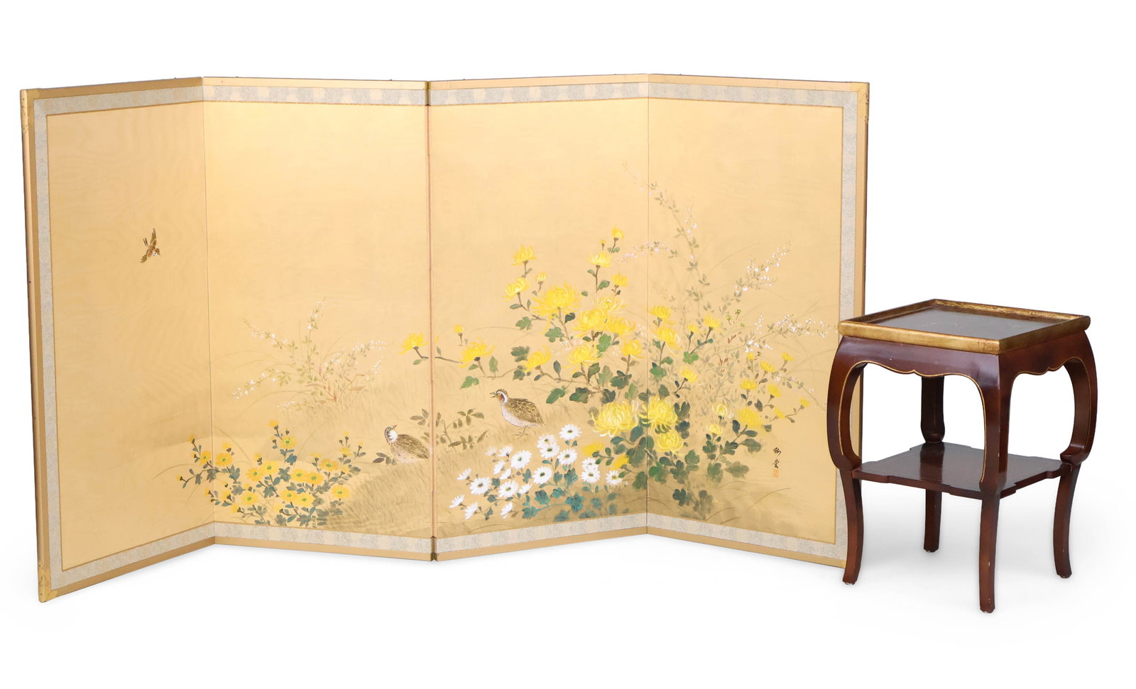 Chinese Four Panel Paper Screen: Chinese Four Panel Paper Screen 20th C. Together with a Chinese style lacquer stand. Screen: 36 x 18 1/2 in. (91.4 x 47 cm.), Stand: 19 1/2 x 14 x 14 in. (49.5 x 35.6 x 35.6 cm.)