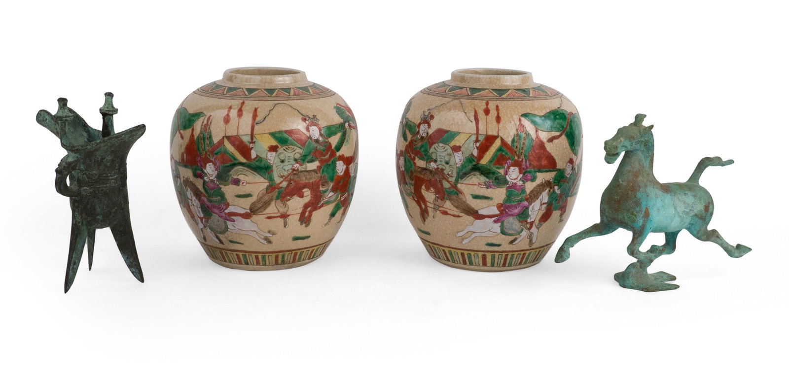 Chinese Archaic Style Bronze Jue Vessel: Chinese Archaic Style Bronze Jue Vessel Together a bronze reproduction of the Flying Horse of Gansu and a pair of Chinese famille verte ginger jars. 4 pieces Jue: 6 1/2 x 5 1/2 x 3 1/4 in. (16.5 x 14