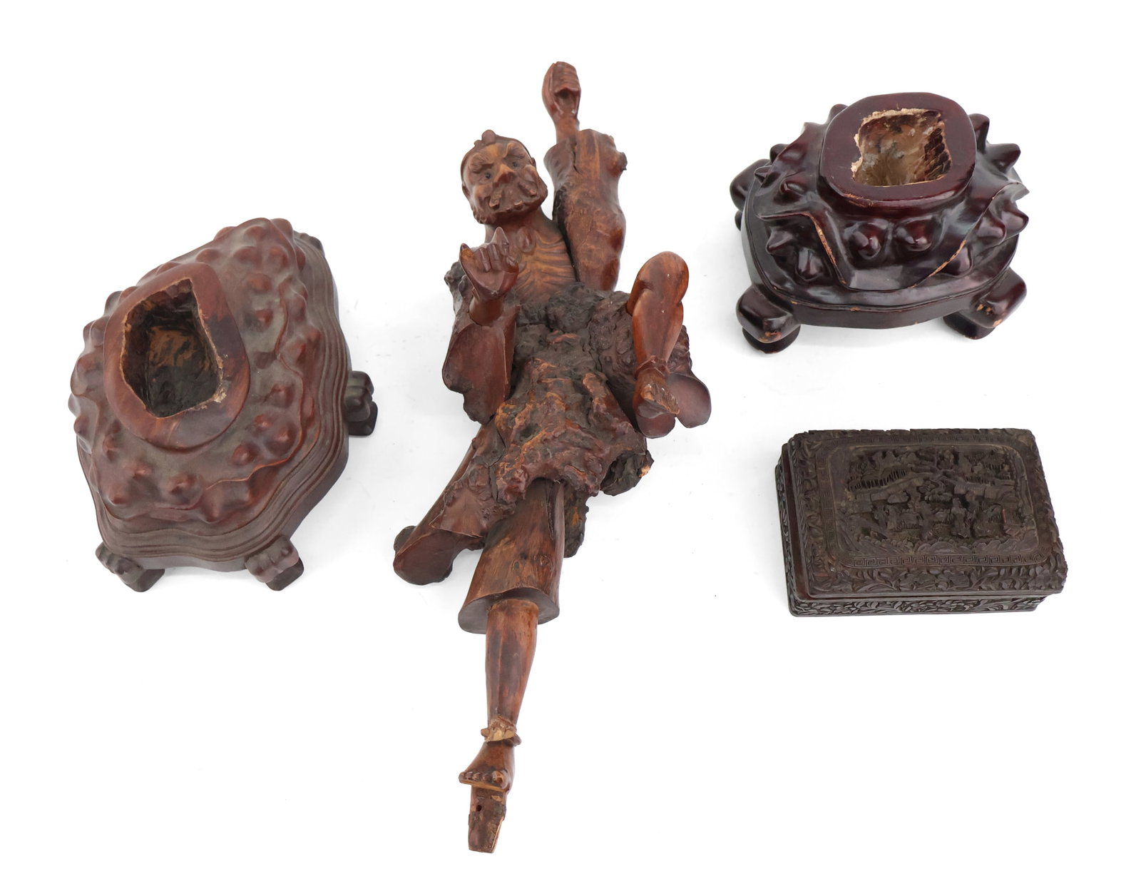 Chinese Carved Root Figure of a Man: Chinese Carved Root Figure of a Man Together with two Chinese carved hardwood stands, and a carved box. 4 pieces Man: 20 1/2 x 8 1/4 in. (52.1 x 21 cm.)