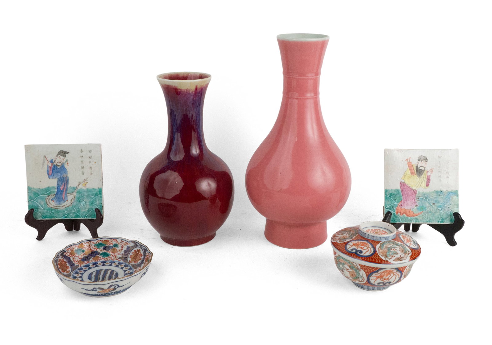 Chinese Flambe Glazed Vase: Chinese Flambe Glazed Vase Together with an imari porcelain dish and covered rice bowl, a pink glazed vase, and two Chinese tiles. 5 pieces Flambe: 11 1/2 x 6 1/2 in. (29.2 x 16.5 cm.)