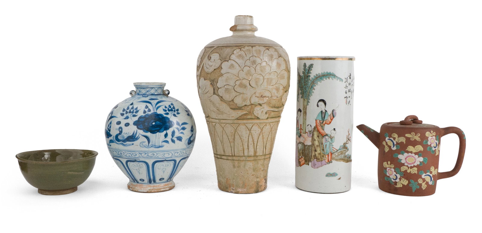 Chinese Famille Rose Cylindrical Porcelain Vase: Chinese Famille Rose Cylindrical Porcelain Vase Together with a green glazed bowl, an etched vase, a blue and white vase, and an earthenware teapot. 5 pieces Largest: 14 1/2 x 7 1/2 in. (36.8 x 19.1