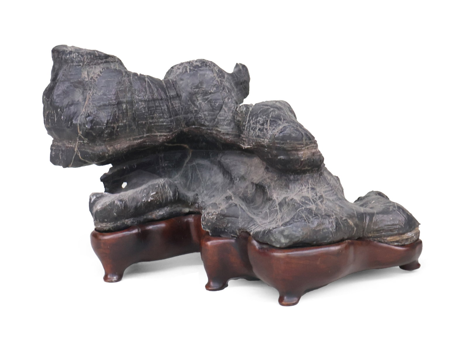 Japanese Suiseki Viewing Stone: Japanese Suiseki Viewing Stone On fitted wood base. 13 1/4 x 22 x 14 1/2 in. (33.7 x 55.9 x 36.8 cm.)