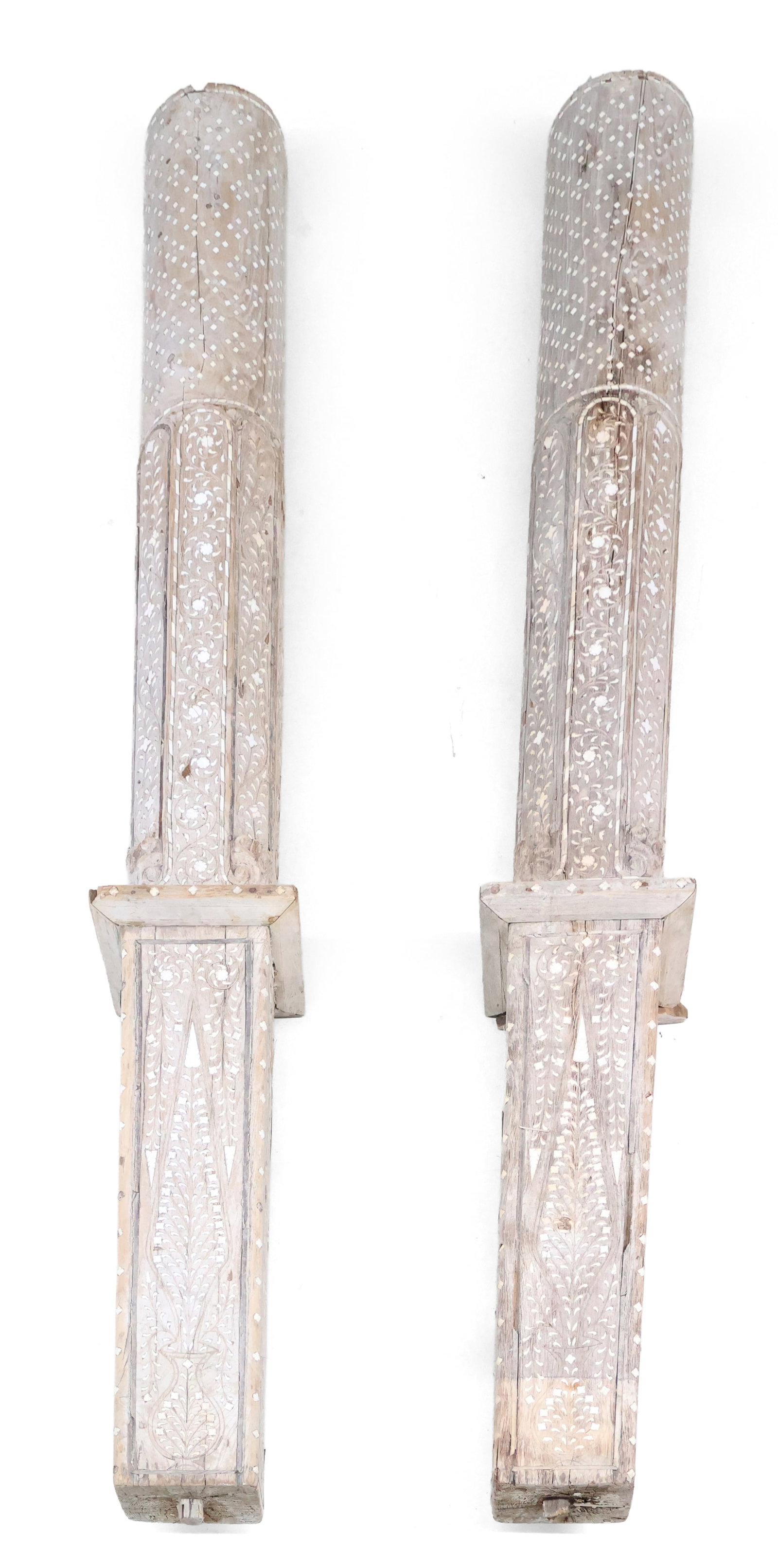 Pair of Southeast Asian Inlaid Wood Columns: Pair of Southeast Asian Inlaid Wood Columns Lacking capitals and bases. 86 x 11 1/4 x 11 in. (218.4 x 28.6 x 27.9 cm.)
