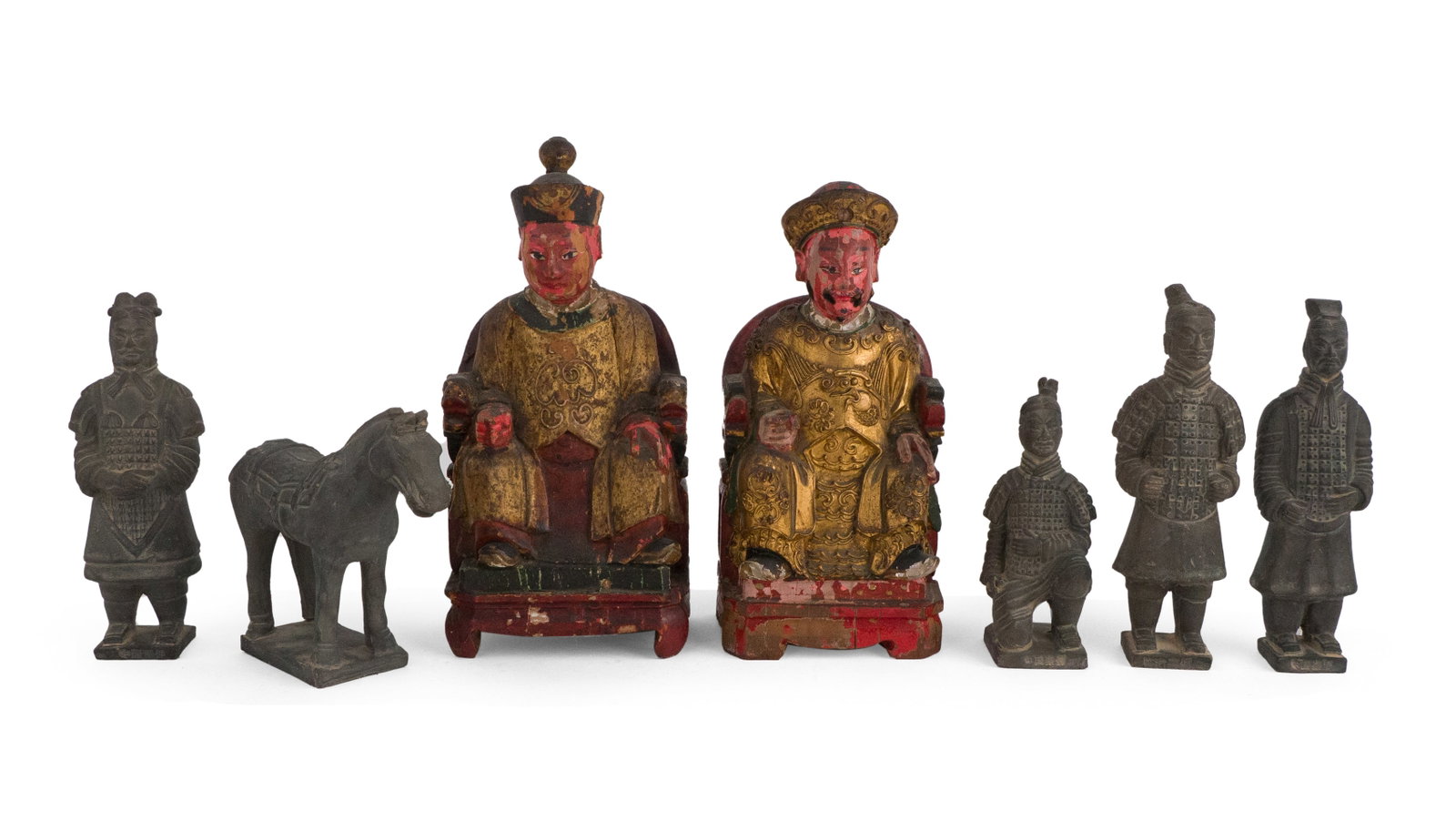 Two Chinese Polychrome Deities on Thrones: Two Chinese Polychrome Deities on Thrones 19th/20th C., 9"h. Together with four Chinese terracotta warriors and a horse. 9 in. (22.9 cm.)