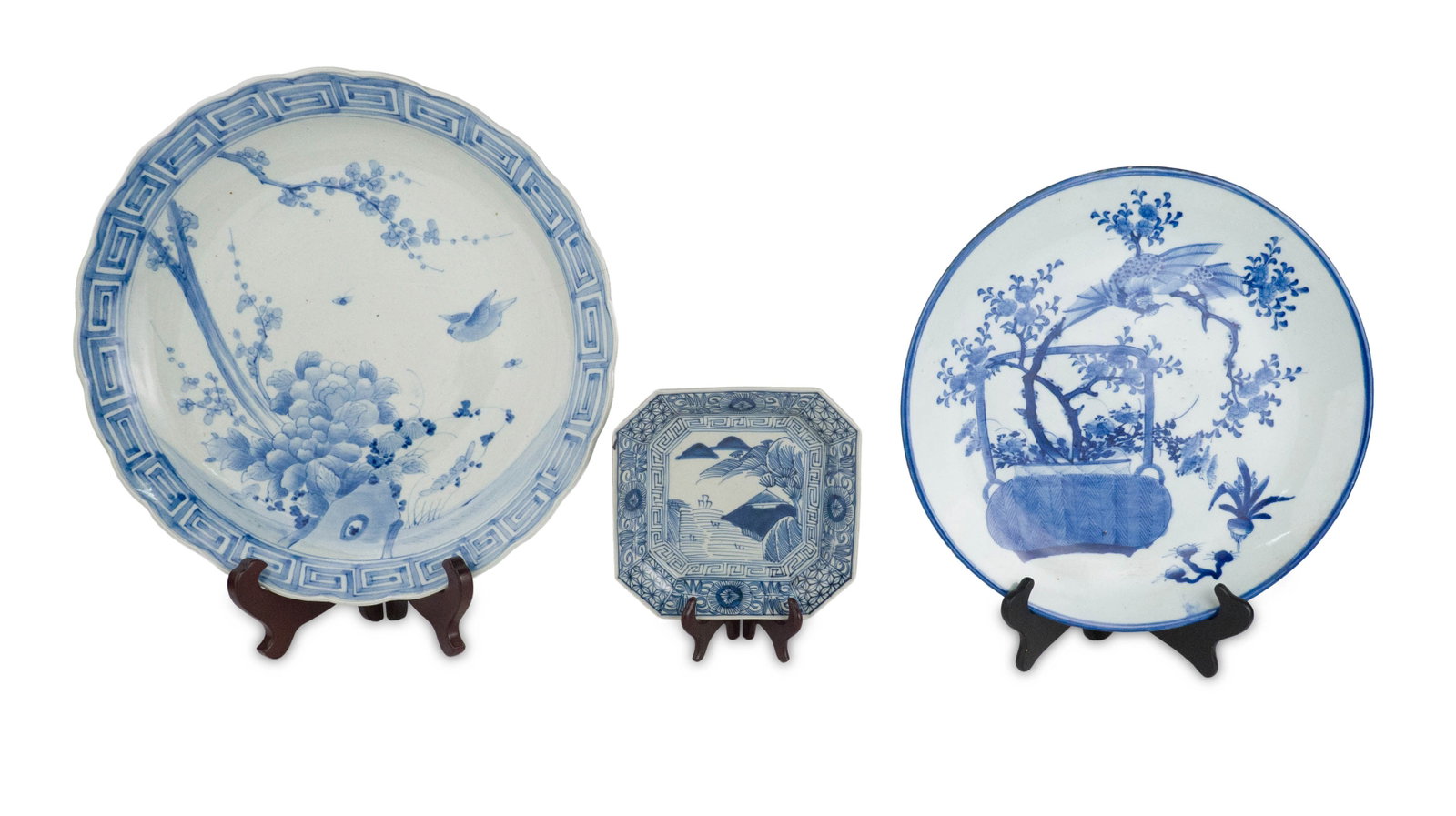 Vintage Asian Octagonal Plate: Vintage Asian Octagonal Plate 8"squ. Together with two circular platters. 15"dia. and 18"dia. Hairline to the 18"l platter. 18 in. (45.7 cm.)