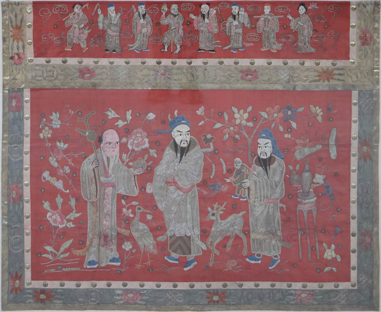 Chinese Figural Scene Embroidered Silk Textile: Chinese Figural Scene Embroidered Silk Textile 19th century, with mirrored embellishments and silver thread. Textile: 40 x 31 in. (101.6 x 78.7 cm.), Frame: 51 x 44 in. (129.5 x 111.8 cm.)