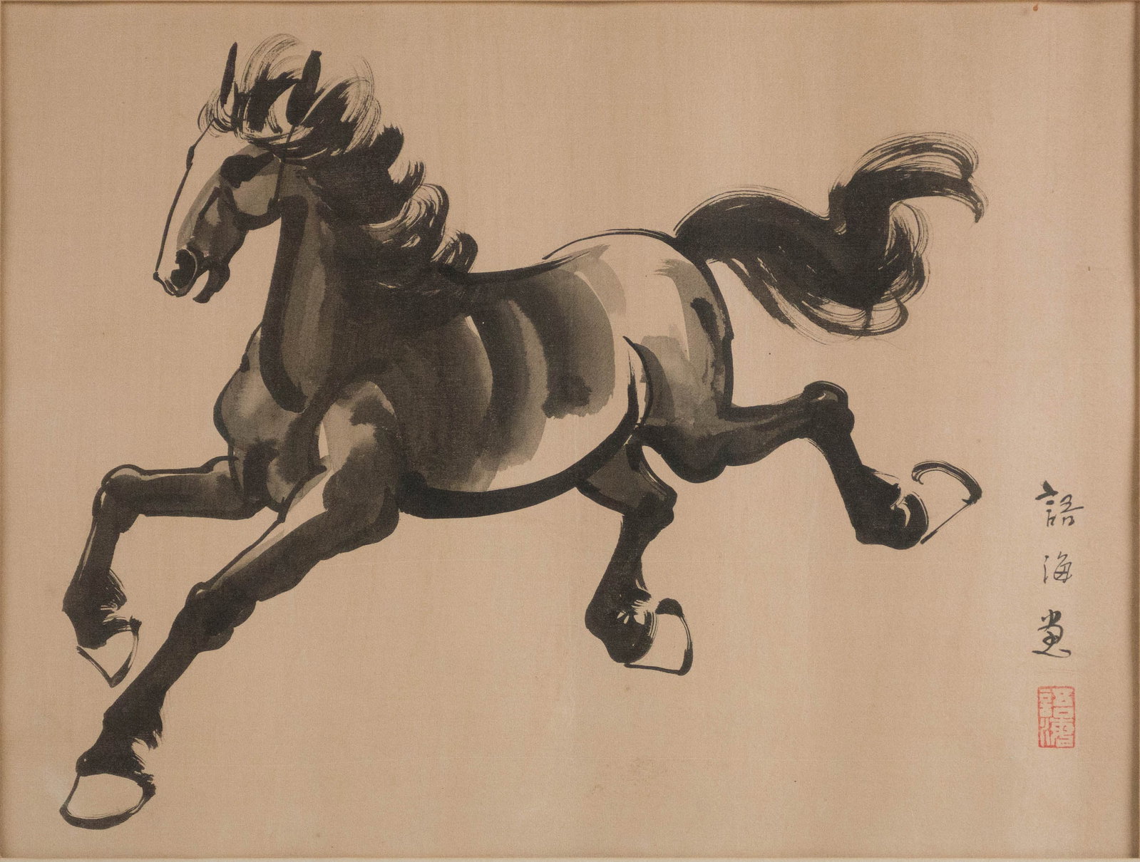 After Xu Beihong, Chinese 1895-1953, Galloping Horse, Chinese Ink Wash: After Xu Beihong Chinese, 1895-1953 Galloping Horse Chinese Ink Wash On fabric. Sight: 14 1/2 x 11 in. (36.8 x 27.9 cm.), Frame: 24 1/2 x 20 1/2 in. (62.2 x 52.1 cm.)