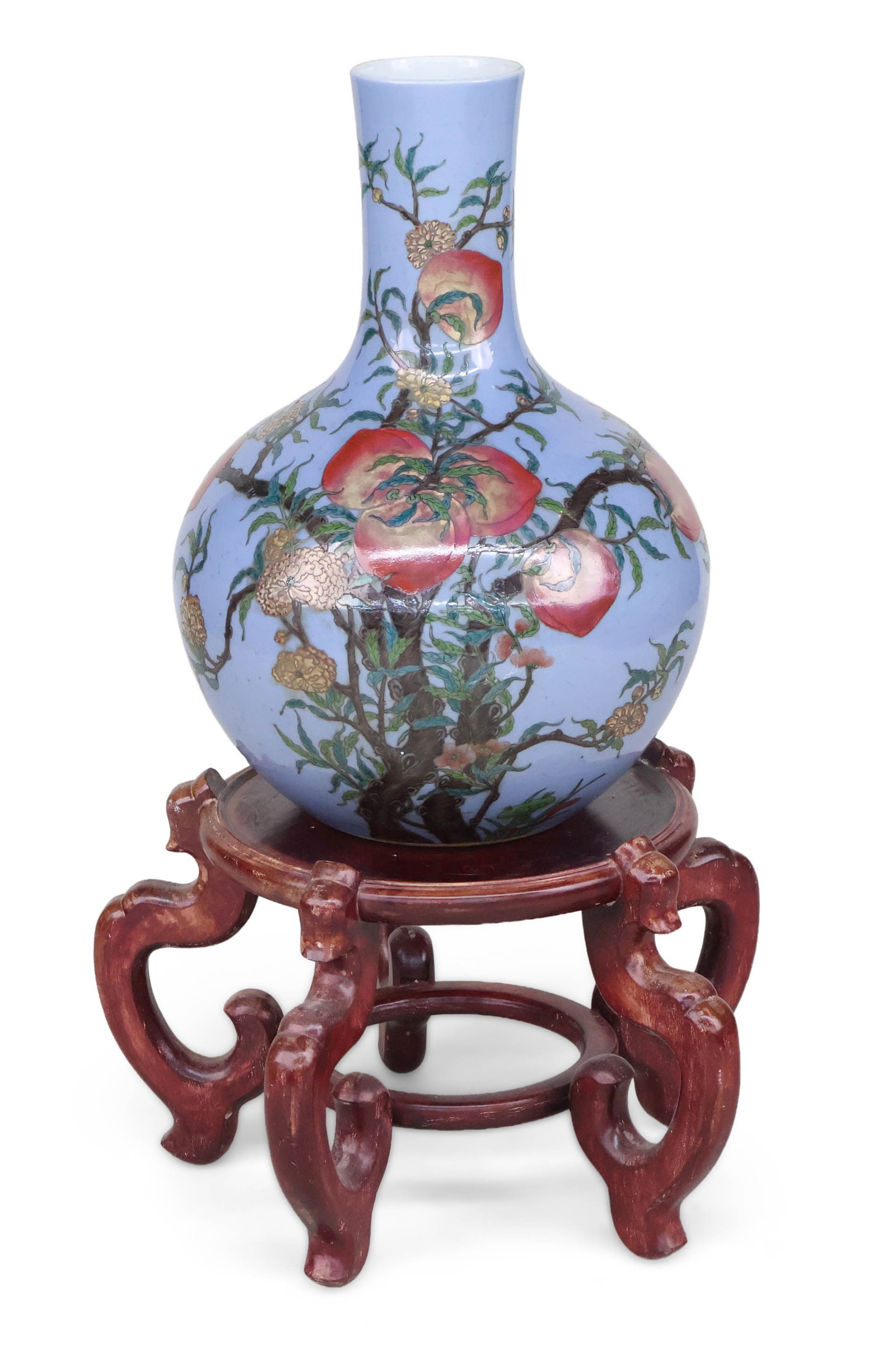 Chinese Famille Rose Nine Peaches Porcelain Floor Vase: Chinese Famille Rose Nine Peaches Porcelain Floor Vase With hardwood stand, globular vase with light blue ground. Vase: 22 x 16 in. (55.9 x 40.6 cm.), Stand: 13 1/2 x 20 1/2 in. (34.3 x 52.1 cm.)