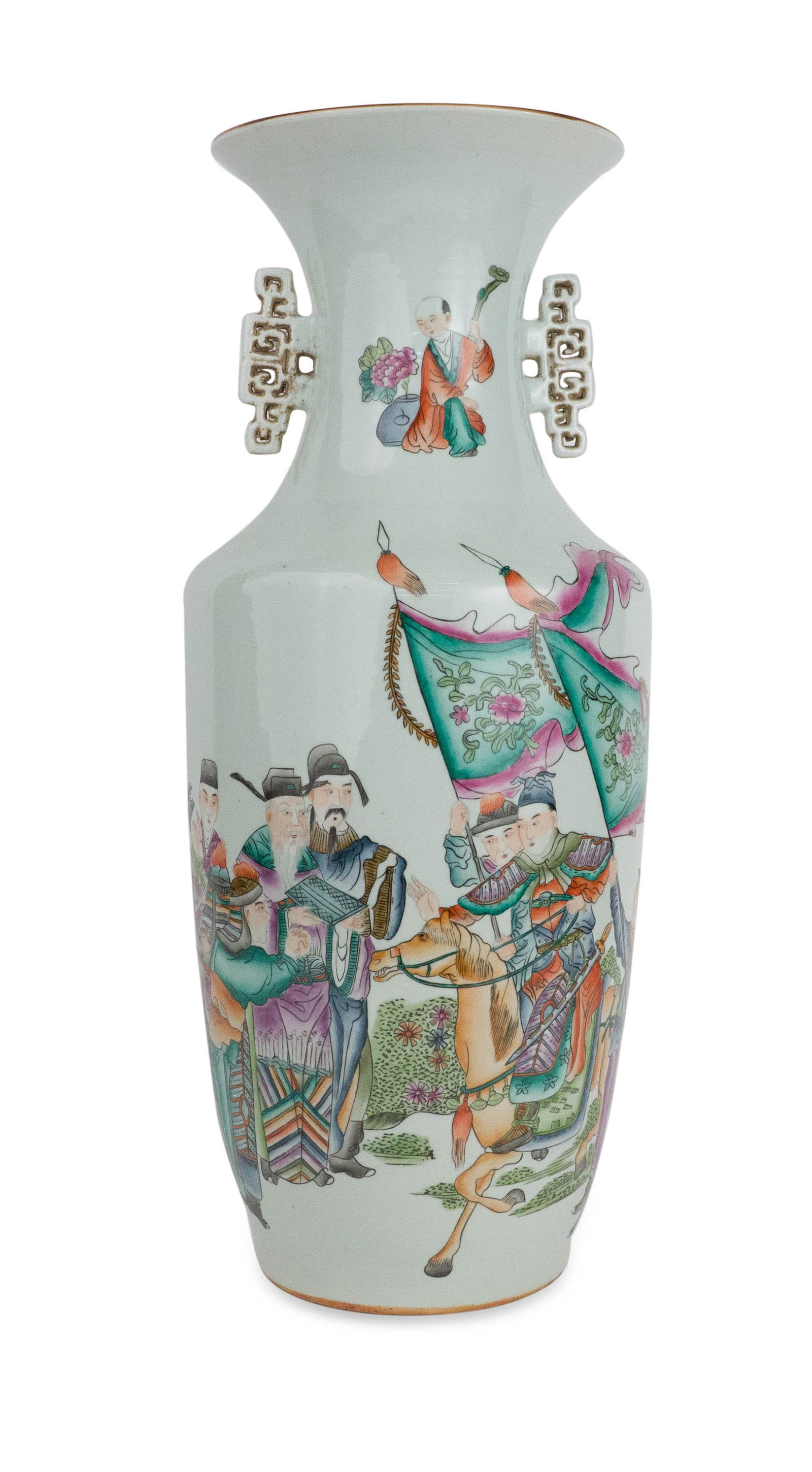 Chinese Famille Rose Double Handled Baluster Form Vase: Chinese Famille Rose Double Handled Baluster Form Vase Decorate with figures in battle scene. 22 1/2 x 9 1/2 in. (57.2 x 24.1 cm.)