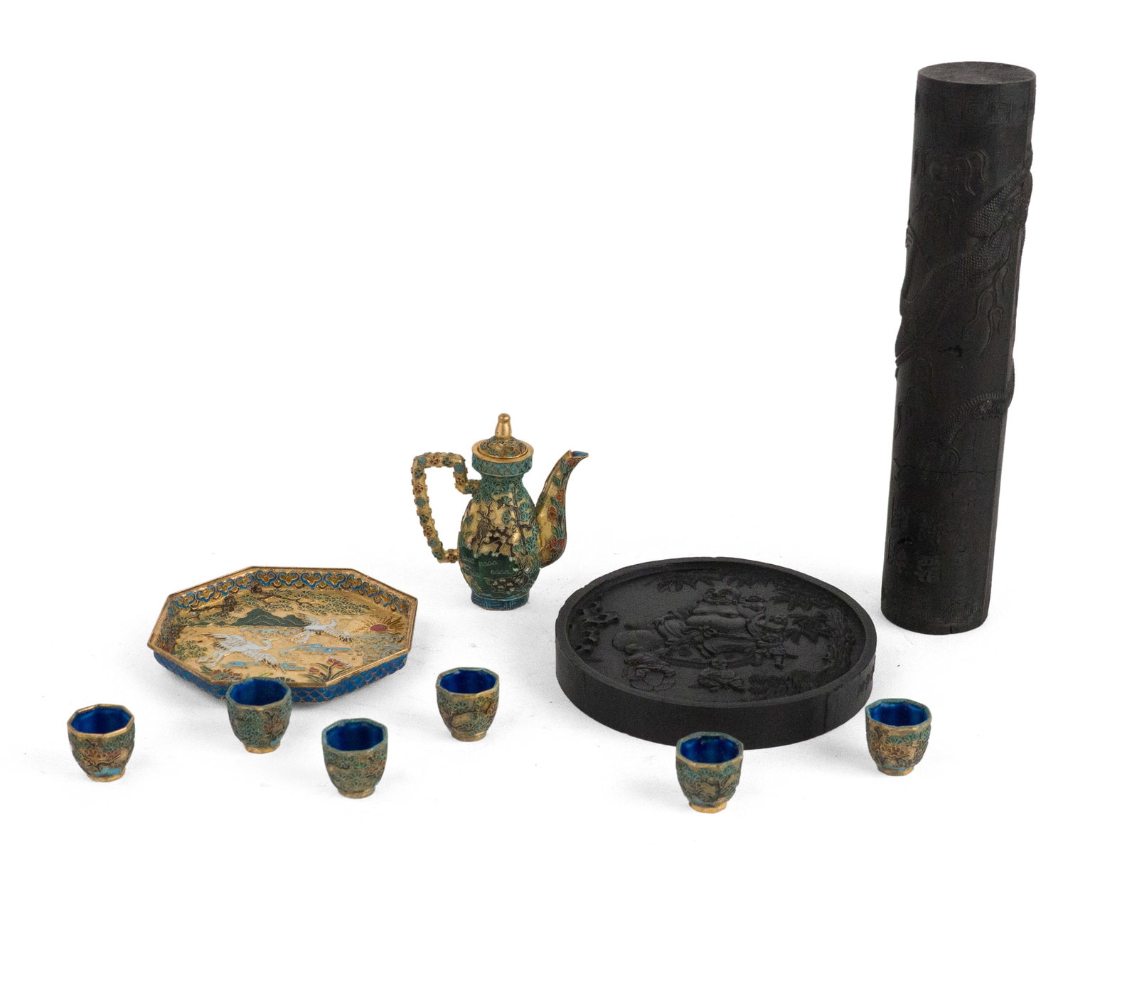 Chinese Carved Ink Stick and Ink Cake: Chinese Carved Ink Stick and Ink Cake In fitted boxes, round ink cake with Maitreya design, ink stick with dragon carving. Together with a Chinese enamel miniature tea set in fitted box. 3 pieces Ink