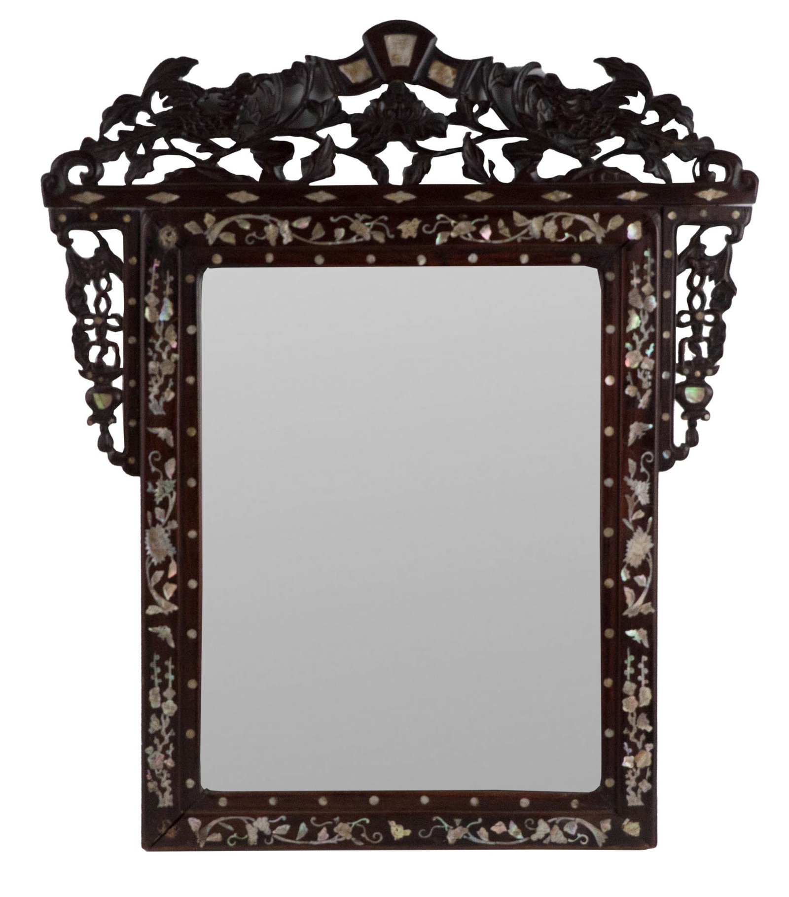 Chinese Mother-of-Pearl Inlaid Carved Hardwood Mirror: Chinese Mother-of-Pearl Inlaid Carved Hardwood Mirror 20th C. 23 3/4 x 20 in. (60.3 x 50.8 cm.)