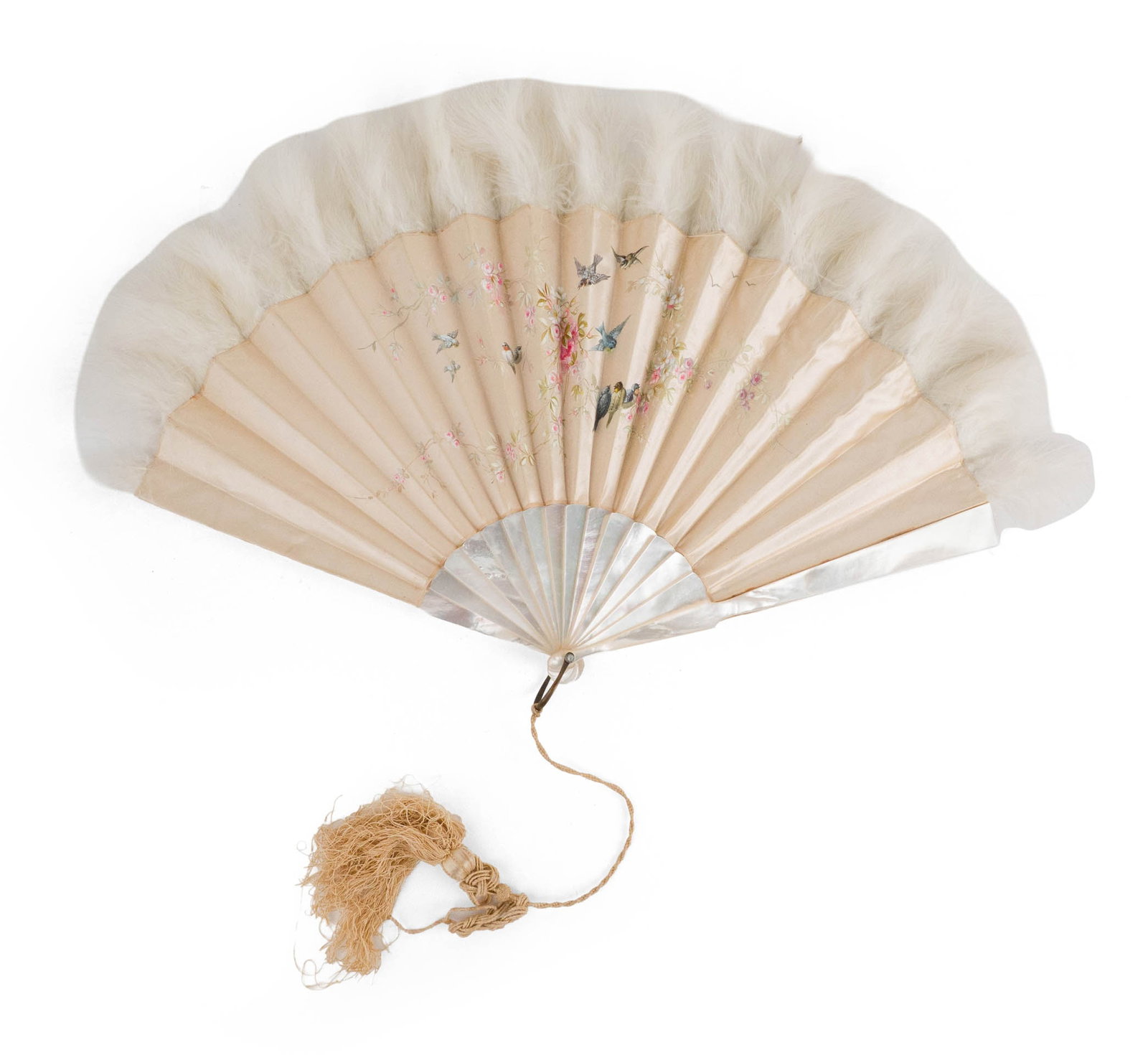 Chinese Hand-Painted Silk Fan: Chinese Hand-Painted Silk Fan Mounted with mother-of-pearl handle. Repair to mother-of-pearl. Open: 16 1/2 x 22 in. (41.9 x 55.9 cm.)