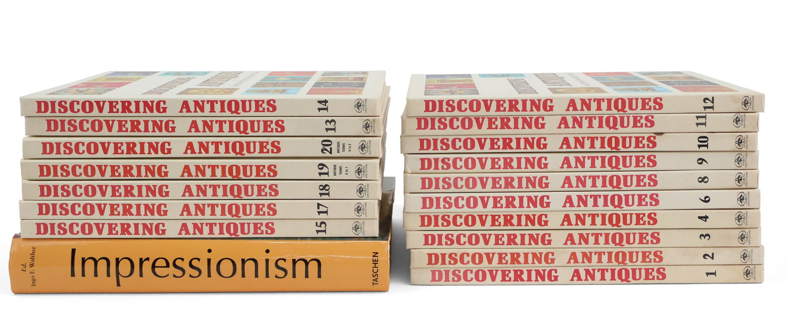 Seventeen Volumes of "Discovering Antiques": Seventeen Volumes of "Discovering Antiques" Not a complete set, published in 1972 by Greystone press. Together with a book titled "Impressionism" edited by Ingo F. Walther.