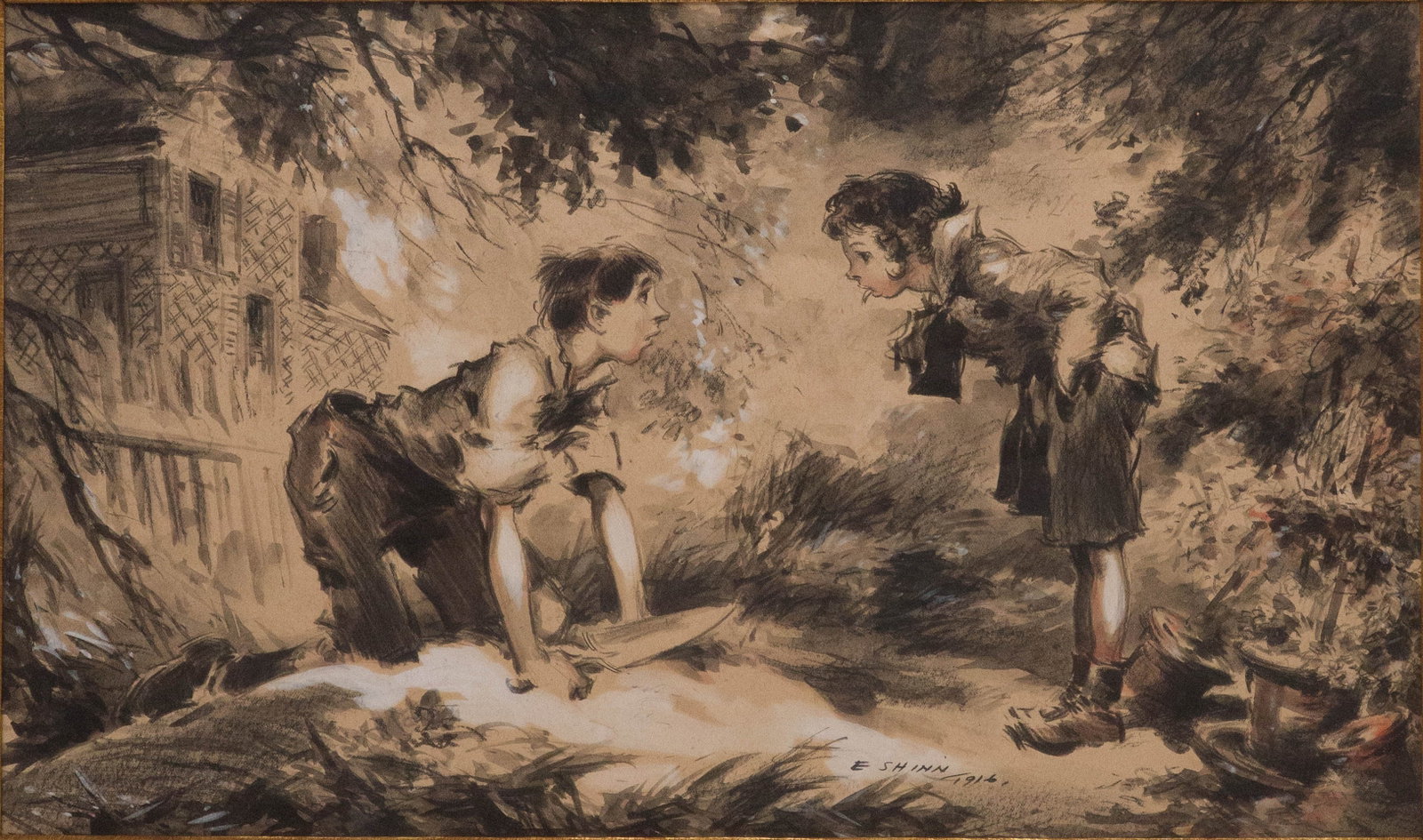 Everett Shinn, 1876-1953, Puck, Ink, Crayon, Gouache and Wash: Everett Shinn 1876-1953 Puck Ink, Crayon, Gouache and Wash Signed 'E. Shinn' and dated lower right, with an ink stamp inscribed 'Puck' and dated Jan. 8/18 and Feb 20/18 on the reverse, with label from