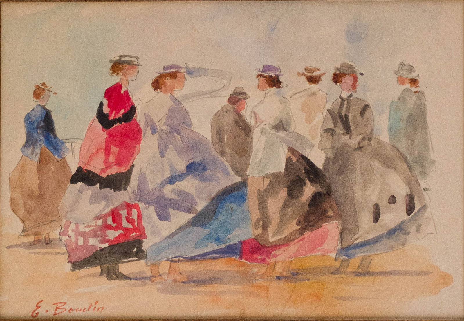 Eugene Boudin, French 1824-1898, Figures on Beach, Watercolor on Paper: Eugene Boudin French, 1824-1898 Figures on Beach Watercolor on Paper Signed l.l. "E. Boudin". Sight: 6 x 8 3/4 in. (15.2 x 22.2 cm.), Frame: 17 3/4 x 20 1/2 in. (45.1 x 52.1 cm.) Artist Eugene Boudi