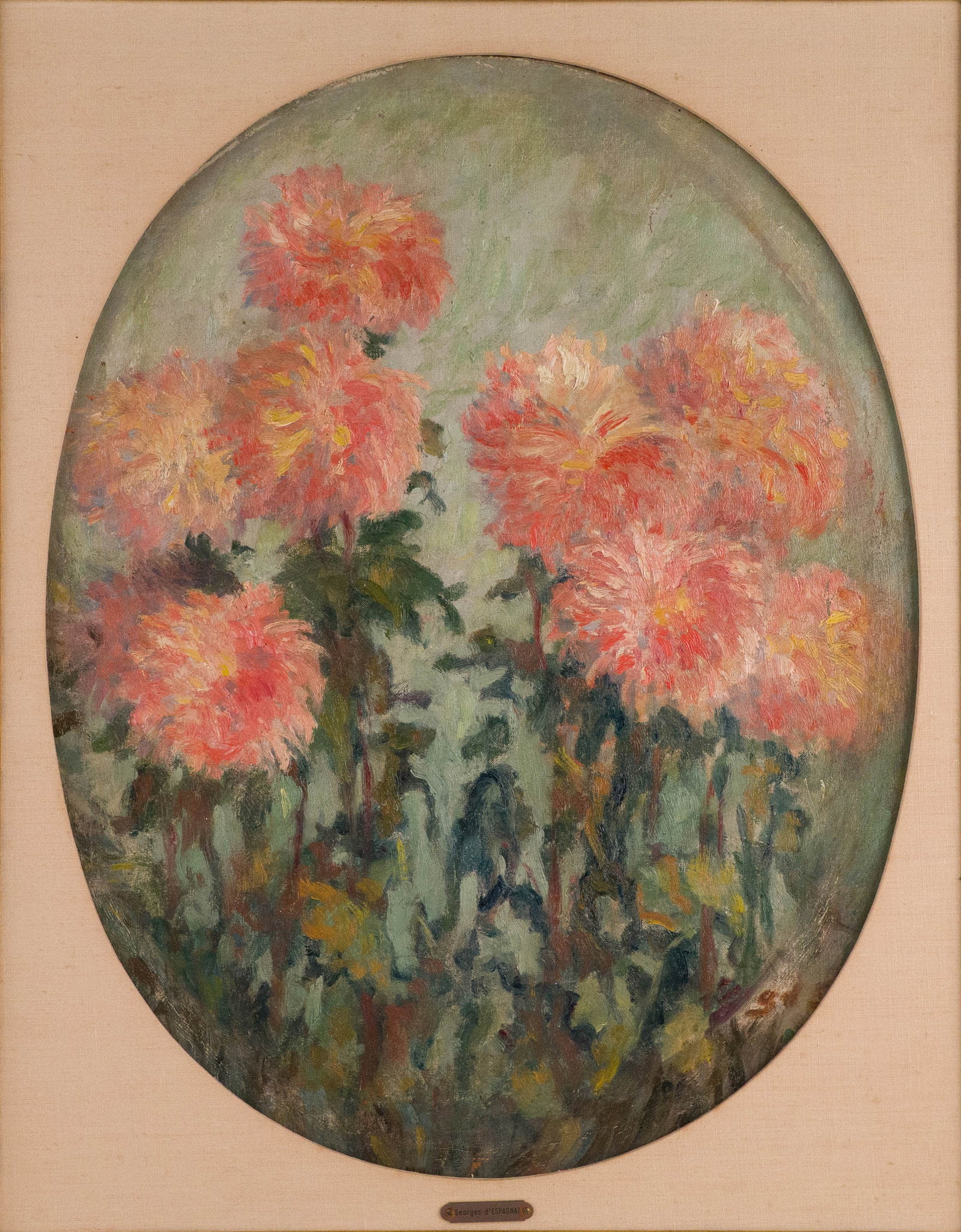 Georges D'Espagnet, 1870-1950, Nature morte au bouquet de chrysanth?me, Oil on Canvas: Georges D'Espagnet 1870-1950 Nature morte au bouquet de chrysanth?me Oil on Canvas Signed l.r. Provenance: Alexandre Landre, May 25, 2023, lot 68 Sight: 21 1/2 x 16 1/2 in. (54.6 x 41.9
