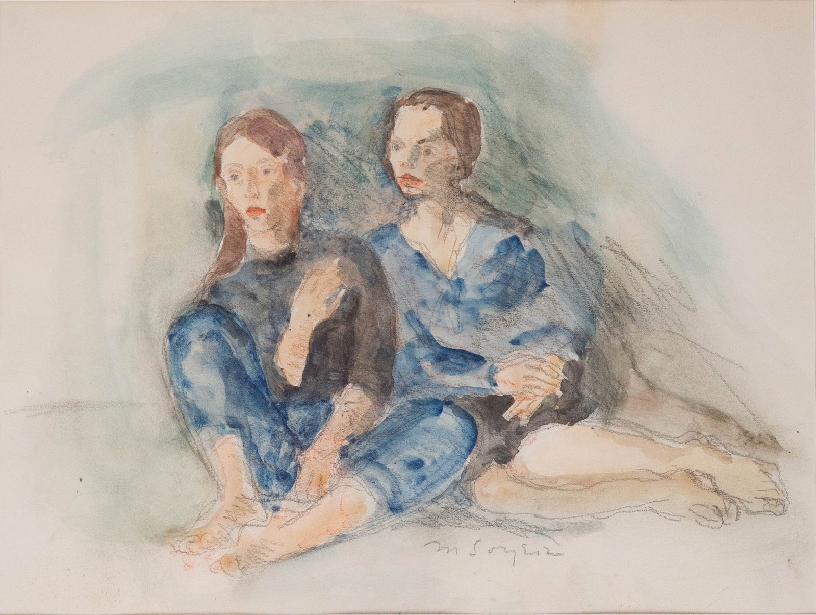 Moses Soyer, American 1899-1974, Seated Women, Watercolor on Paper: Moses Soyer American, 1899-1974 Seated Women Watercolor on Paper Signed l.c. Provenance: Fairfield Auction, 11/20/2019, lot 283 Sight: 13 1/2 x 18 in. (34.3 x 45.7 cm.), Frame: 22 1/4 x 2