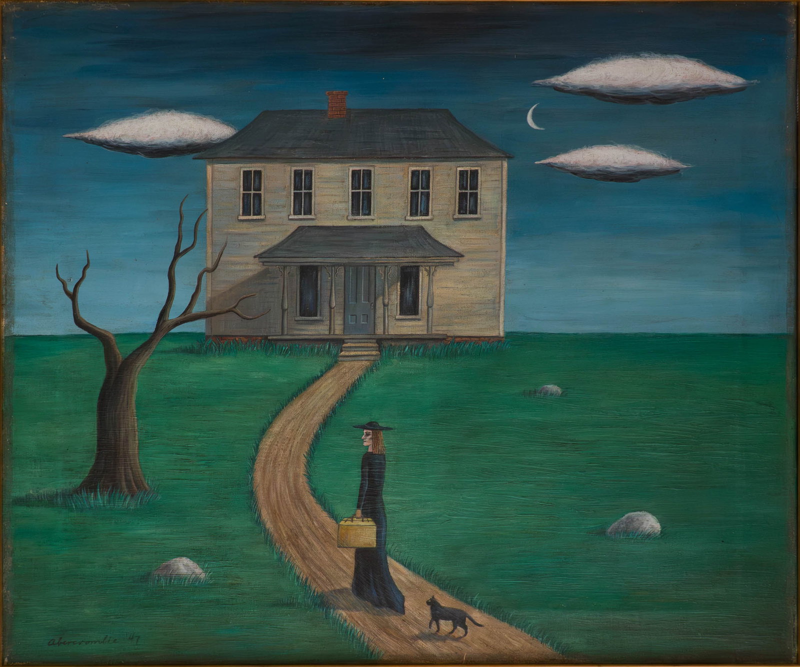 After Gertrude Abercrombie, 1909-1977, Figure in Black with House, Oil on Canvas: After Gertrude Abercrombie 1909-1977 Figure in Black with House Oil on Canvas Signed l.l. and dated '47 Provenance: Joshua Kodner, 8/12/2023, lot 23 Sight: 20 x 24 in. (50.8 x 61 cm.), F