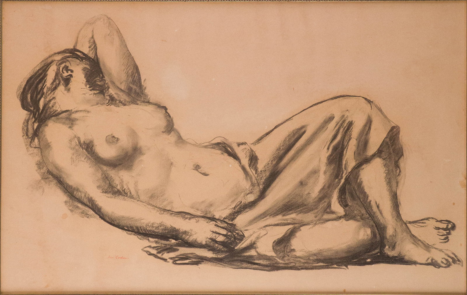 Jon Corbino, 1905-1964, Reclining Nude, Charcoal and Conte Crayon on Paper: Jon Corbino 1905-1964 Reclining Nude Charcoal and Conte Crayon on Paper Signed l.l. Provenance: Joshua Kodner, 8/14/2021, lot 549 Sight: 17 1/4 x 27 1/2 in. (43.8 x 69.9 cm.), Frame: 25