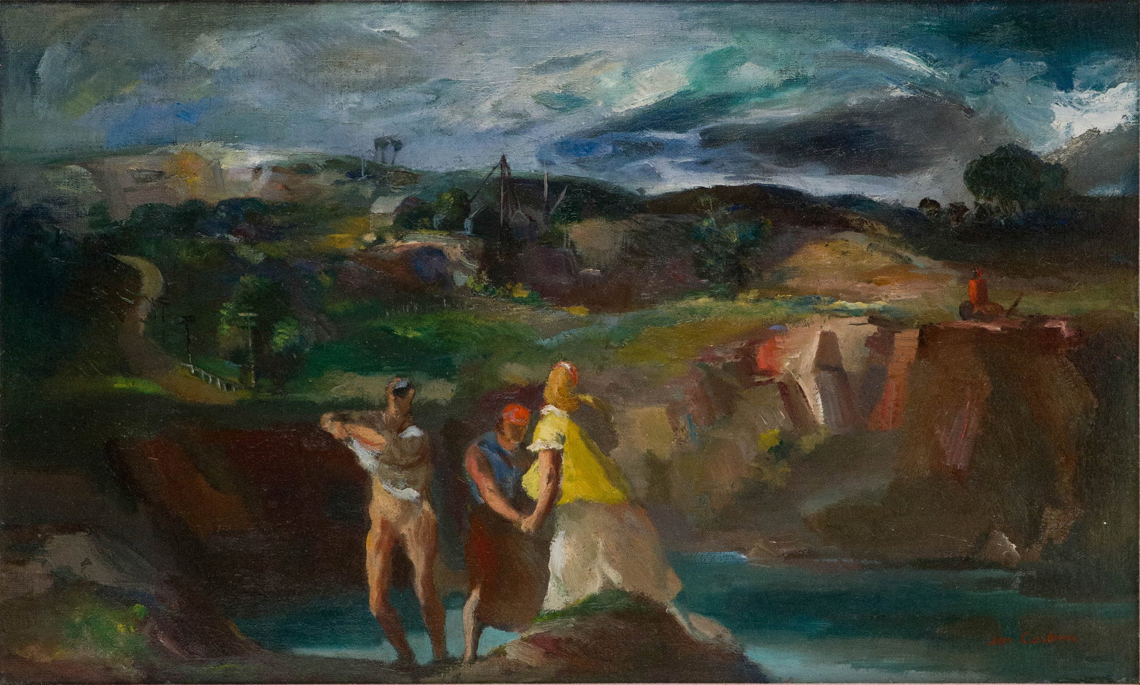 Jon Corbino, 1905-1964, Quarry Swimmers, Oil on Canvas: Jon Corbino 1905-1964 Quarry Swimmers Oil on Canvas Signed l.r. Provenance: Rockport Art Association, Annual Auction, 10/01/2022, lot 81 Sight: 17 1/2 x 29 1/2 in. (44.5 x 74.9 cm.), Fra