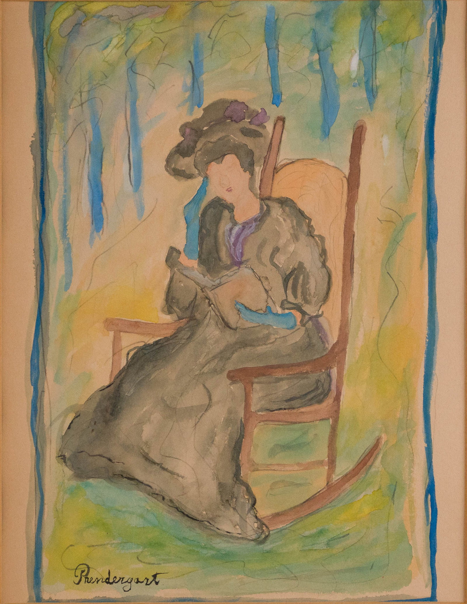 Possibly Maurice Prendergast, 1858-1924, Woman in Rocking Chair, Watercolor: Possibly Maurice Prendergast 1858-1924 Woman in Rocking Chair Watercolor Bears signature lower left. Provenance: Private art collector estate Denver, Colorado. Sofe Design Auctions, 3/15/