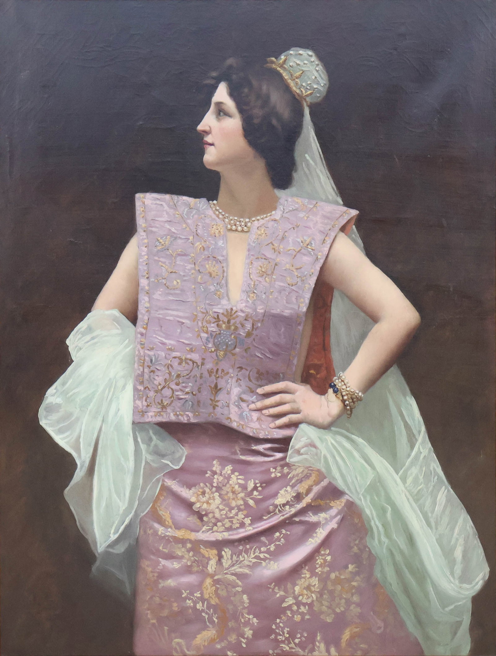 Portrait of Woman in Purple Dress, Oil on Canvas: Portrait of Woman in Purple Dress Oil on Canvas Appears to be unsigned. Sight: 45 x 34 1/4 in. (114.3 x 87 cm.), Frame: 51 x 40 1/4 in. (129.5 x 102.2 cm.)