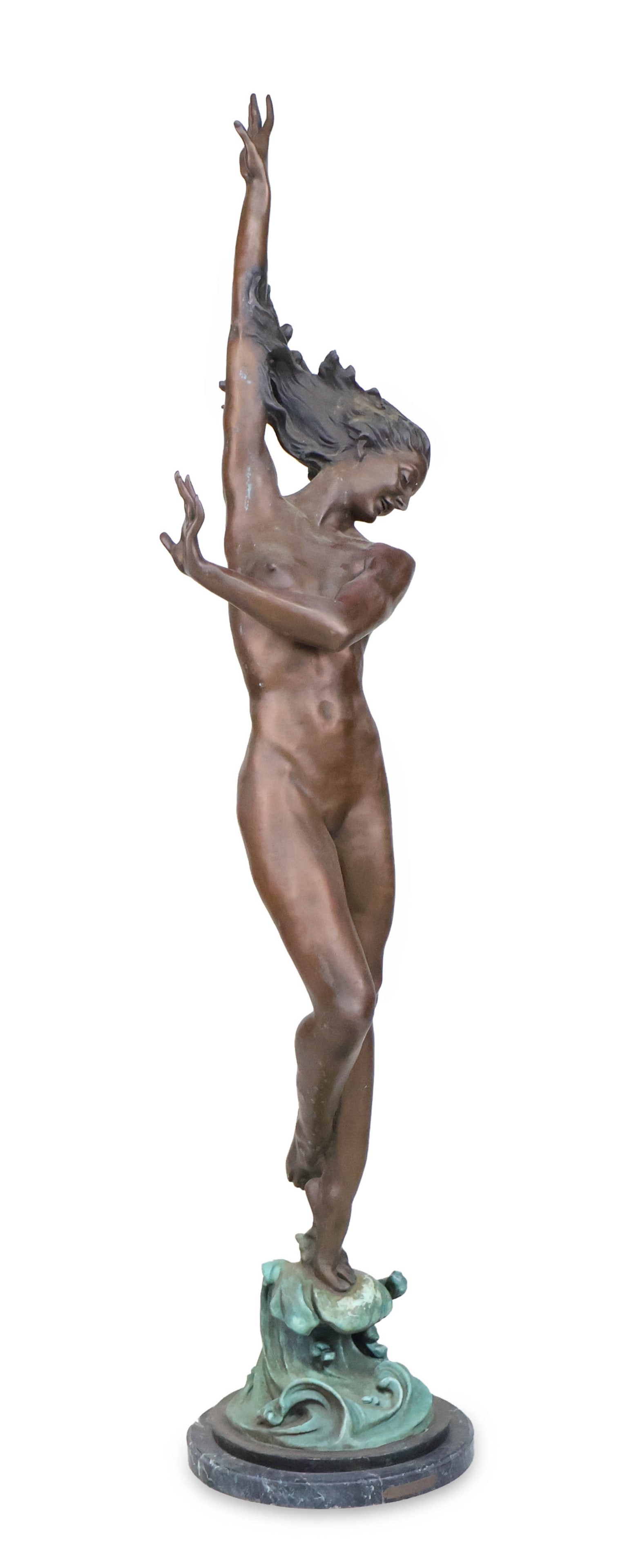 After Harriet Whitney Frishmuth, 1880-1980, Crest of the Wave, Bronze with Verdigris Patina: After Harriet Whitney Frishmuth 1880-1980 Crest of the Wave Bronze with Verdigris Patina Gorham Co. Founder, inscribed "Harriet W. Frishmuth". On green marble base. 63 x 13 1/2 in. (160 x 34.3 cm.) (