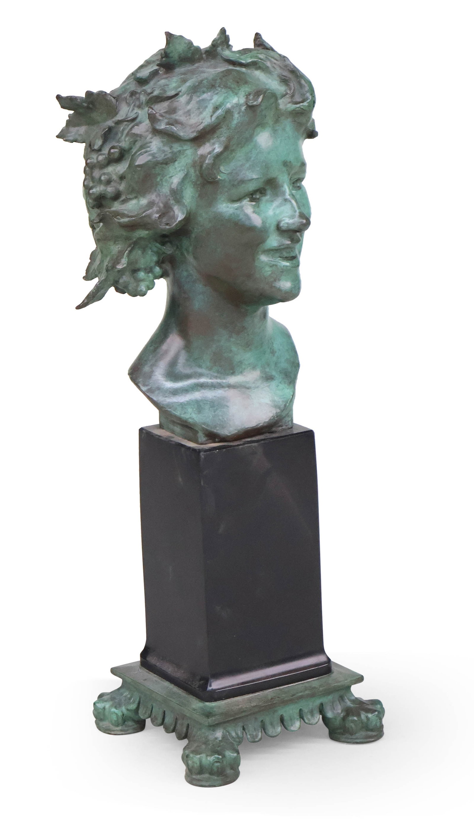 Mary Evelyn Beatrice Longman, 1874-1954, Head of Bacchante (Peggy or The Laughing Girl), Bronze with: Mary Evelyn Beatrice Longman 1874-1954 Head of Bacchante (Peggy or The Laughing Girl) Bronze with Verdigris Patina Signed verso. 27 x 9 x 9 in. (68.6 x 22.9 x 22.9 cm.)