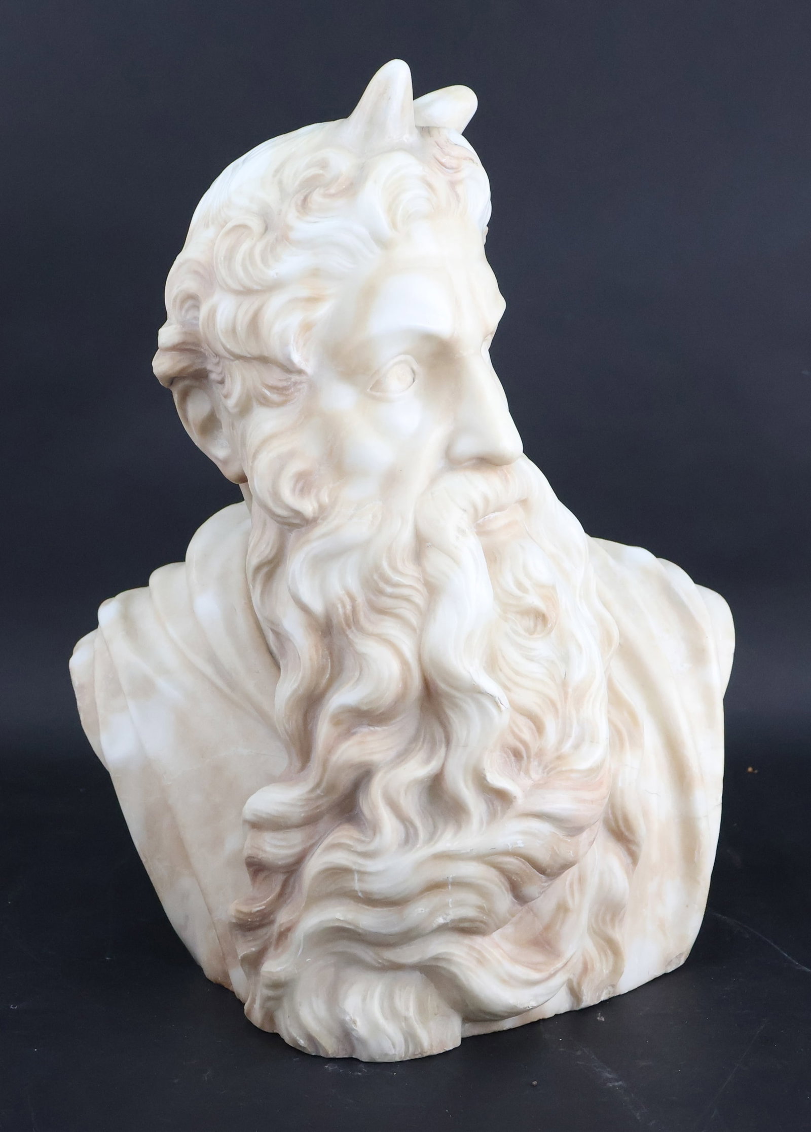 After Buonarroti Michelangelo, 1475-1564, Bust of Moses, Carved Marble: After Buonarroti Michelangelo 1475-1564 Bust of Moses Carved Marble Inscribed verso "Originale di Michelangiolo Buonarroti, copia del Prof. A. ?" 20 x 17 1/2 x 13 1/2 in. (50.8 x 44.5 x 34.3 cm.)
