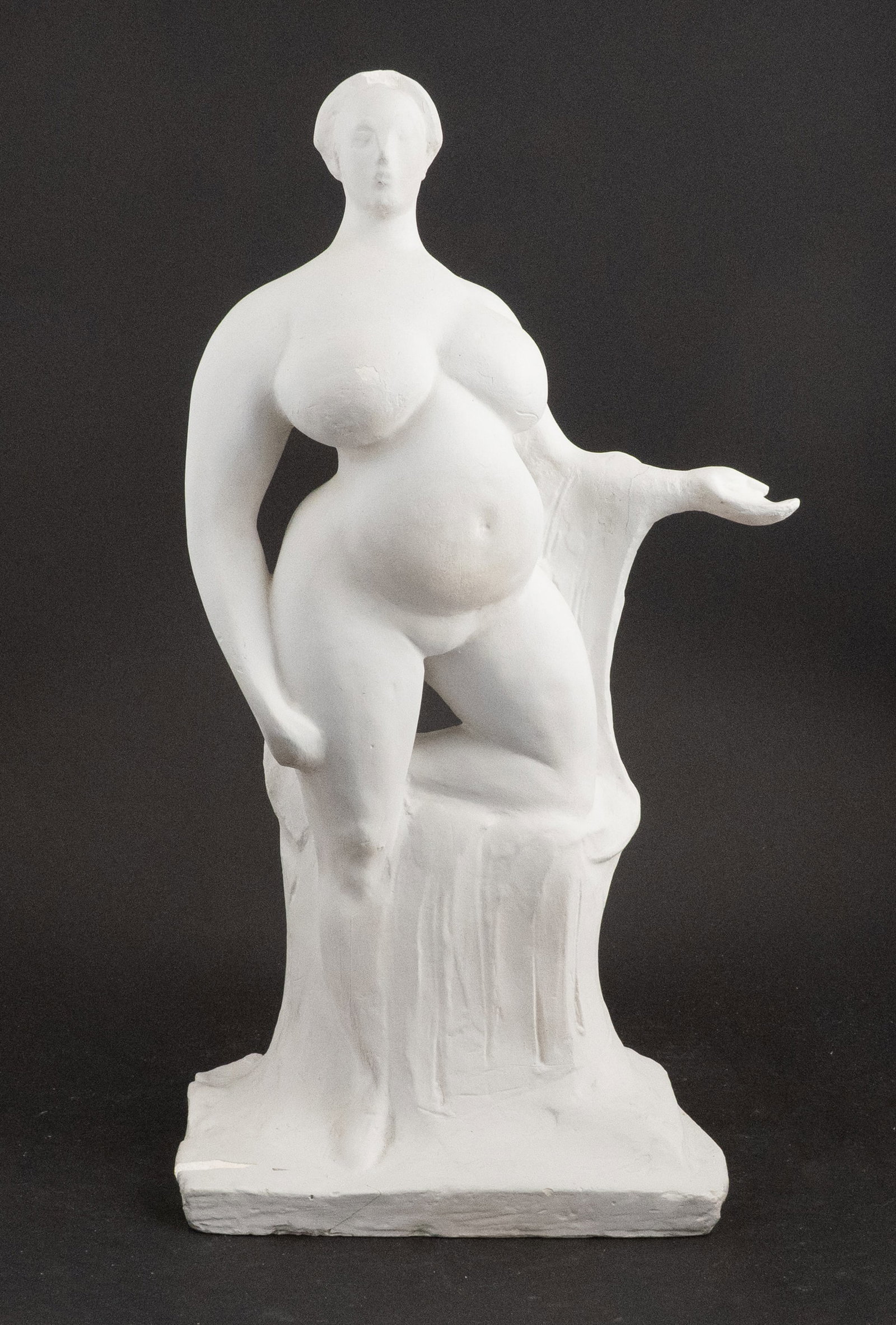 Gaston La Chaise, French/American 1882-1935, Primitive Woman, Plaster: Gaston La Chaise French/American, 1882-1935 Primitive Woman Plaster Signed along base. Areas of paint loss, glue repair of front left corner at base, crack repair/inherent to arm extended