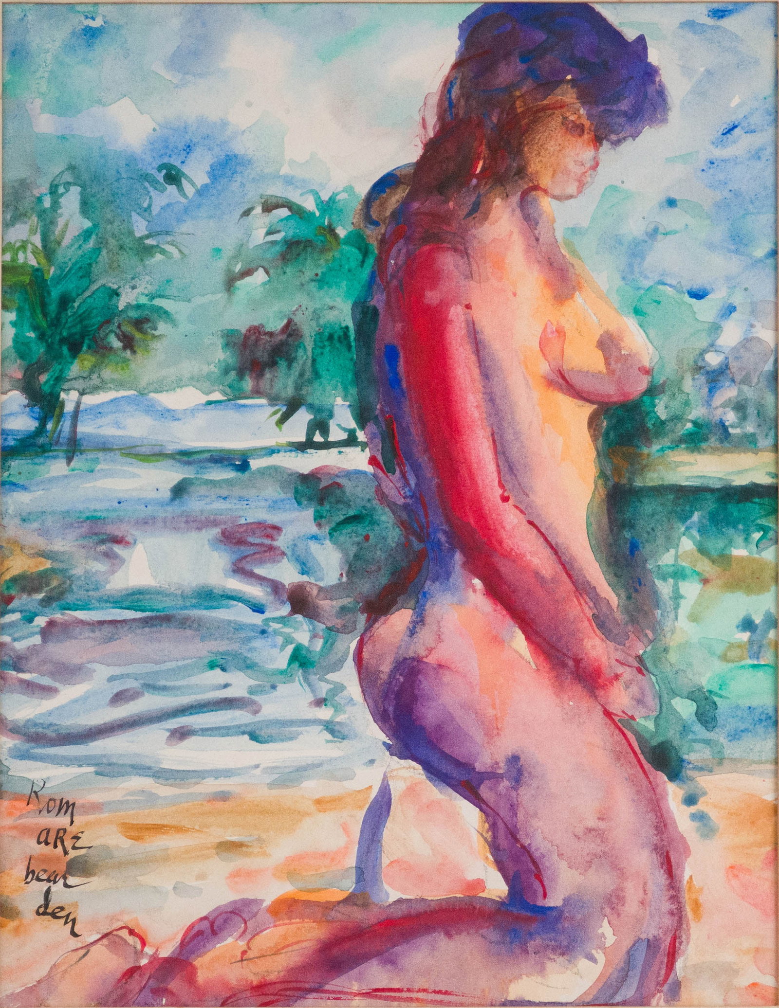 Romare Howard Bearden, American 1911-1988, Kneeling Nude Woman, Watercolor and Gouache on Paper: Romare Howard Bearden American, 1911-1988 Kneeling Nude Woman Watercolor and Gouache on Paper Signed l.l. Sight: 13 x 10 in. (33 x 25.4 cm.), Frame: 21 1/2 x 17 1/2 in. (54.6 x 44.5 cm.) (b 1911; d