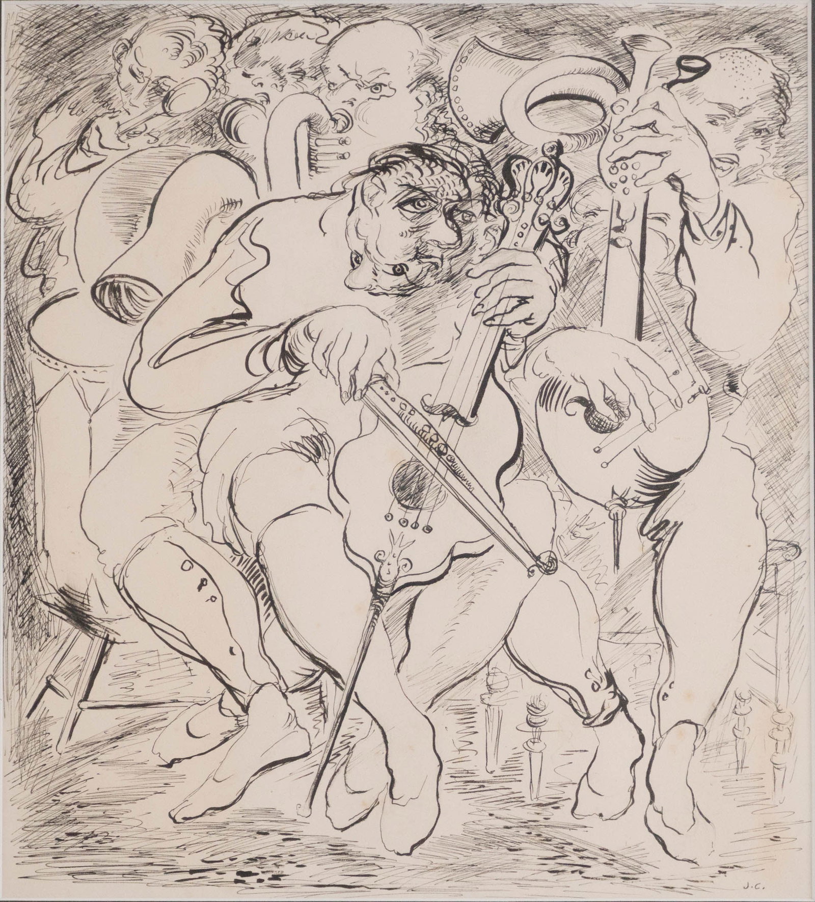 Gulliver's Travels Drawing of Musicians, Pen and Ink: Gulliver's Travels Drawing of Musicians Pen and Ink Initial signed "J.C." at lower right corner. Pencil notation verso states the scene depicted is from Gulliver's Travels by Jonathan Swift. Provenanc