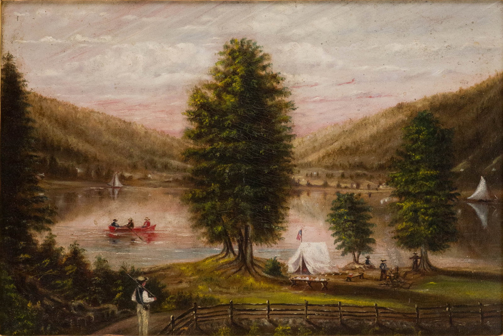 Hudson River School Landscape, Oil on Board: Hudson River School Landscape Oil on Board American, 19th C. Depicting, a small military encampment on the shore, with boats on the water. Appears to be unsigned. Sight: 11 1/2 x 17 1/4 in. (29.2 x 43