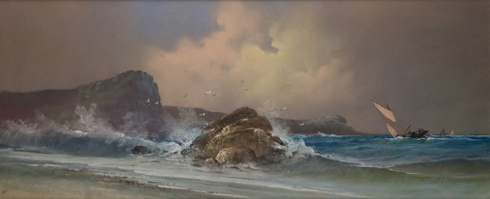 Walter Jr Stuempfig, 1914-1970, Waves Crashing on Rocky Shoreline, Mixed Media: Walter Jr Stuempfig 1914-1970 Waves Crashing on Rocky Shoreline Mixed Media Initialed l.l. WS. Sight: 13 1/2 x 33 1/2 in. (34.3 x 85.1 cm.), Frame: 20 1/2 x 40 1/4 in. (52.1 x 102.2 cm.)