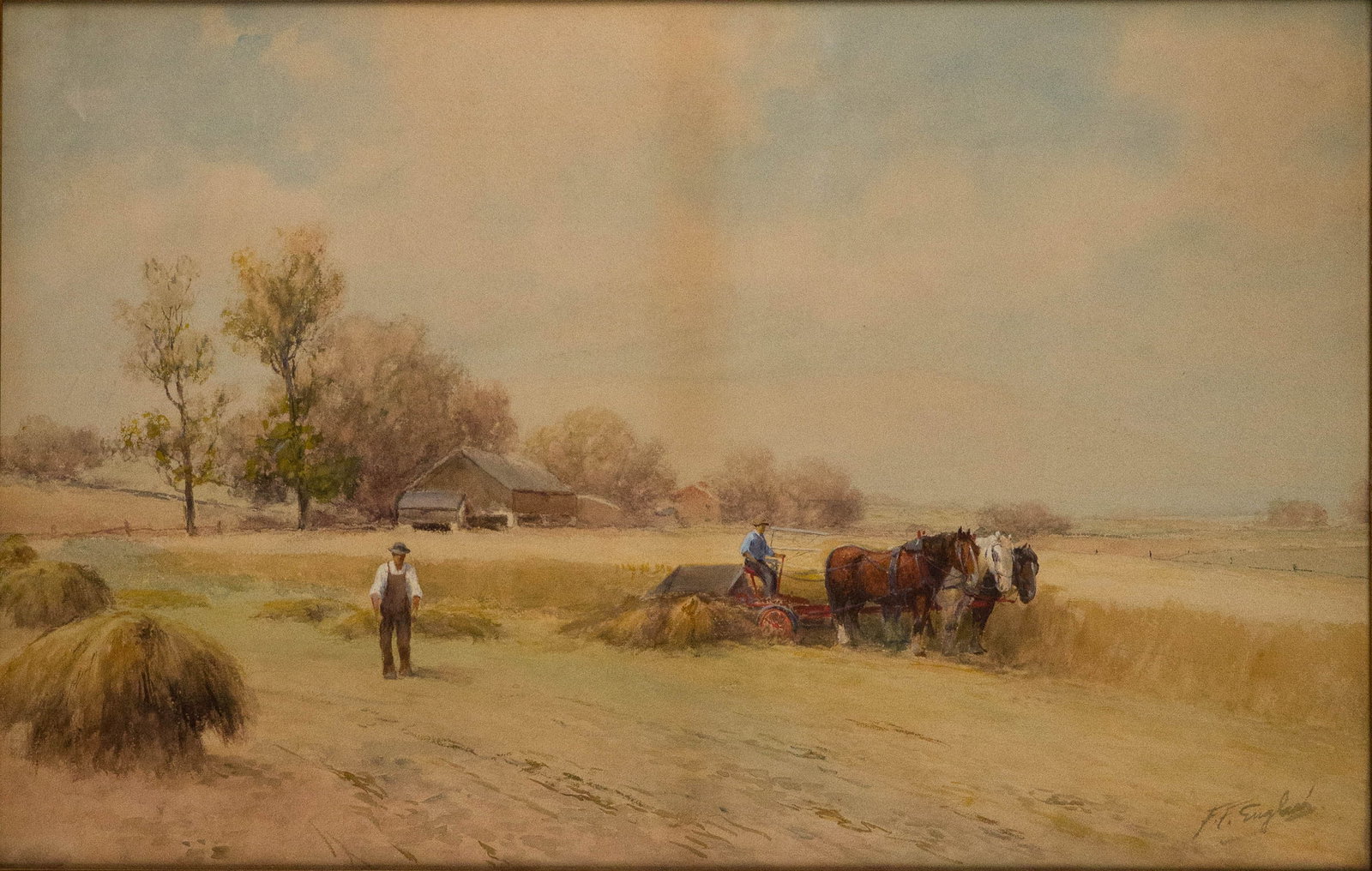 Frank F English, 1854-1922, Harvesting Wheat, Watercolor and Gouache on Paper: Frank F English 1854-1922 Harvesting Wheat Watercolor and Gouache on Paper Signed l.r. "F.F. English." Sight: 17 1/2 x 27 1/2 in. (44.5 x 69.9 cm.), Frame: 26 3/4 x 36 3/4 in. (67.9 x 93.3 cm.)