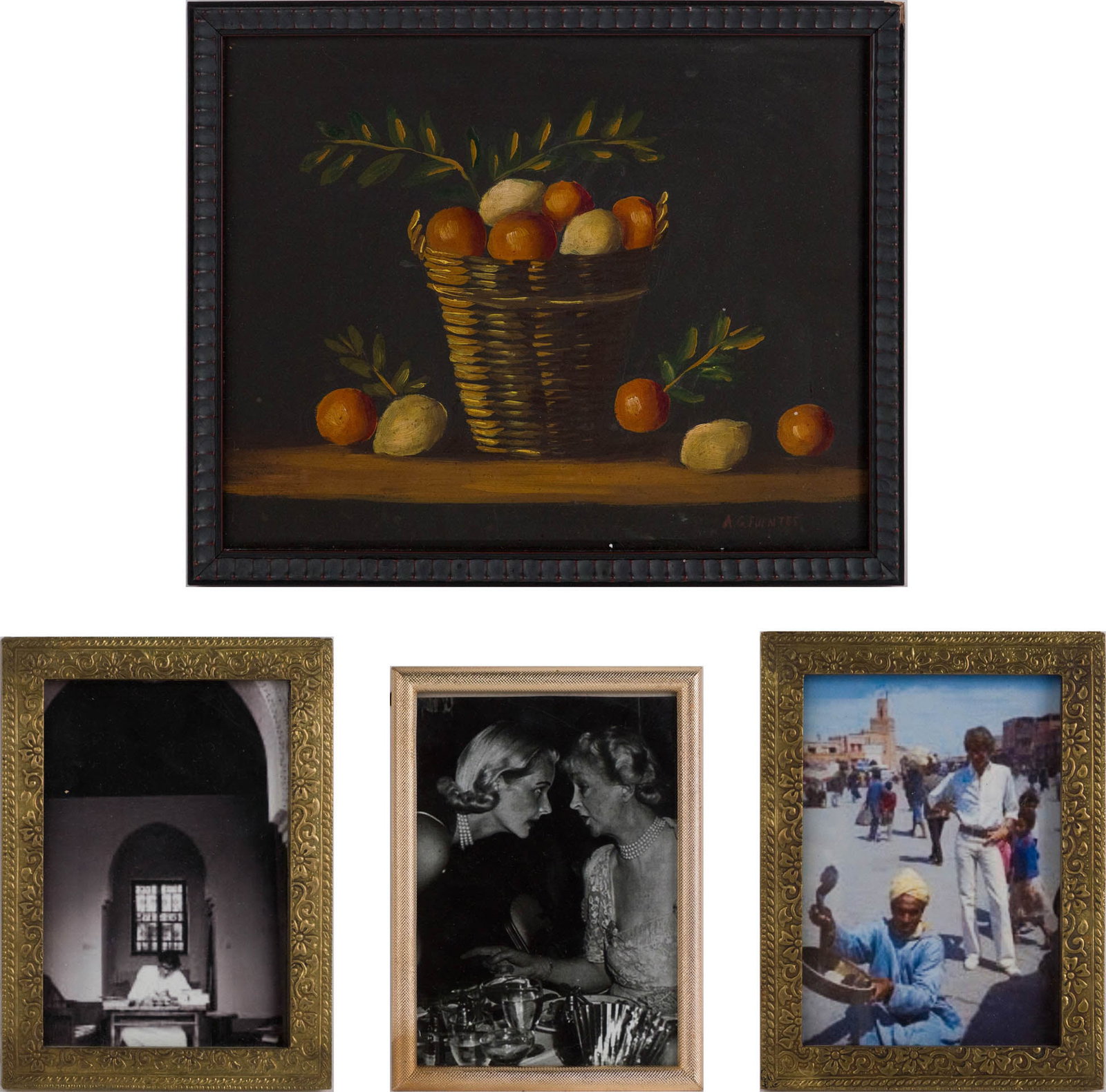 A.G. Fuentes, Still Life of Fruit in Basket, Oil on Board: A.G. Fuentes Still Life of Fruit in Basket Oil on Board Signed l.r. Together with three picture frames. Sight: 9 x 11 in. (22.9 x 27.9 cm.), Frame: 10 1/4 x 12 1/2 in. (26 x 31.8 cm.)