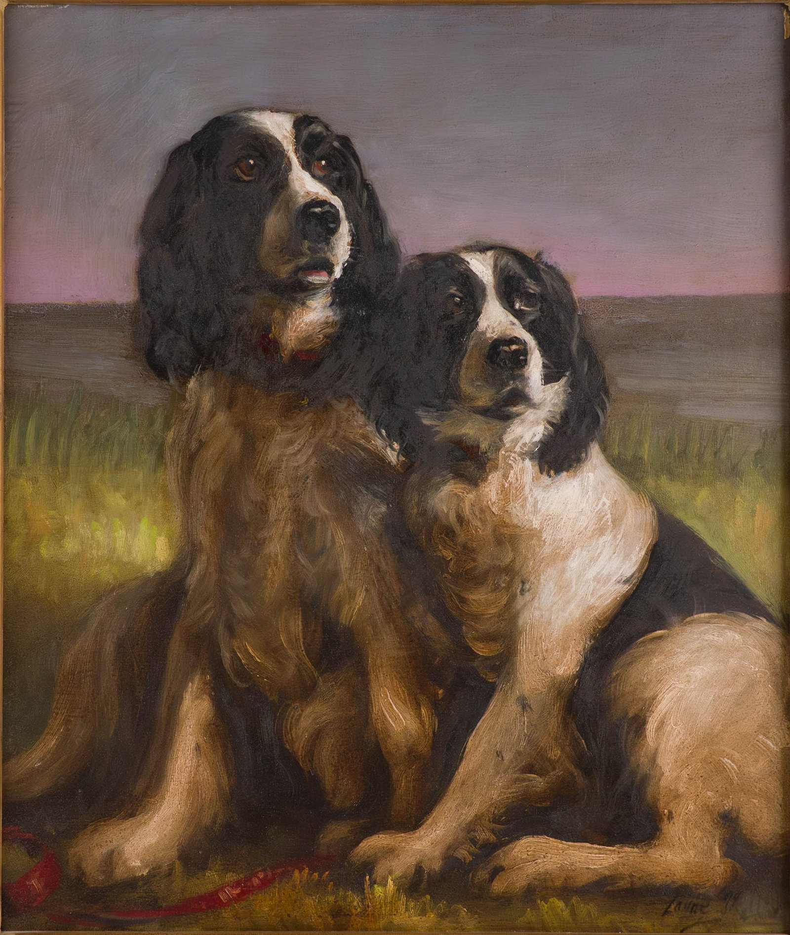 Portrait of Two Spaniels, Oil on Board: Portrait of Two Spaniels Oil on Board Signed l.r. and dated '99. Sight: 16 1/4 x 13 1/2 in. (41.3 x 34.3 cm.), Frame: 22 3/4 x 20 1/2 in. (57.8 x 52.1 cm.)