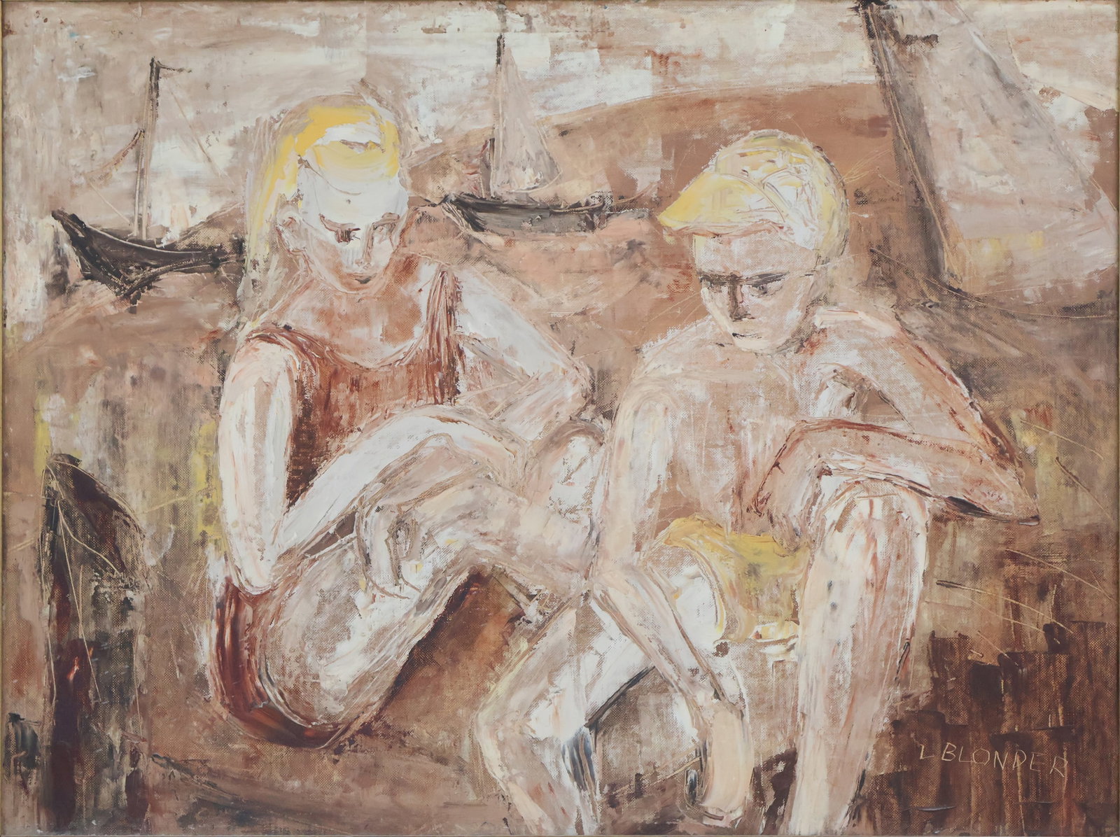Seaside Double Portrait, Oil on Board: Seaside Double Portrait Oil on Board Bears signature l.r. "Blonder". Sight: 17 1/2 x 23 1/2 in. (44.5 x 59.7 cm.), Frame: 24 3/4 x 30 3/4 in. (62.9 x 78.1 cm.)