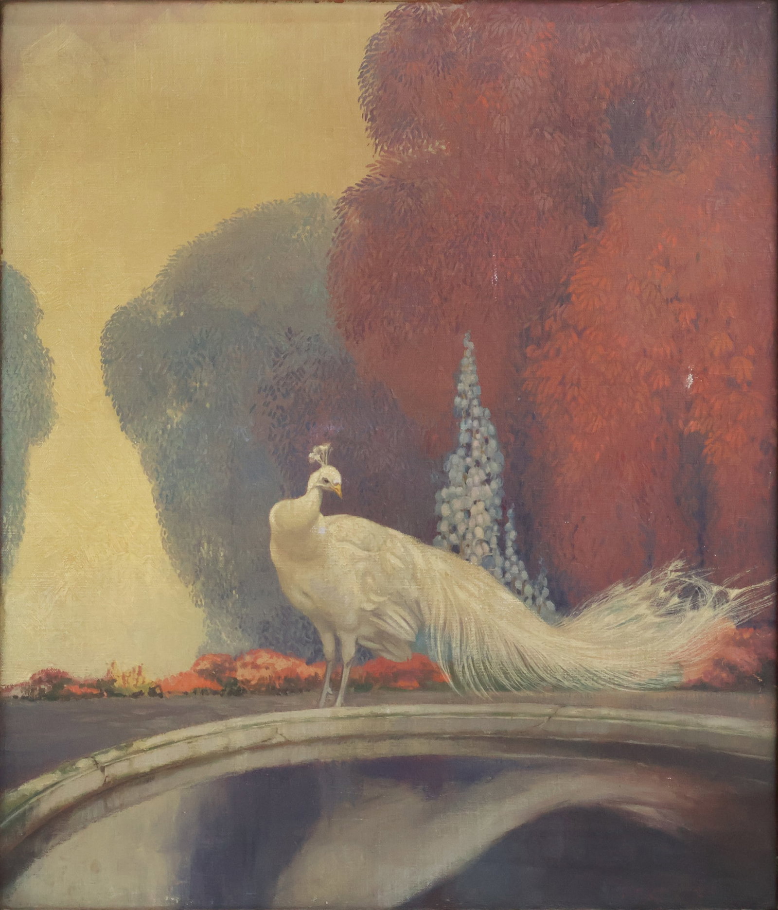 Jessie Arms Botke, 1883-1971, White Peacock by Pool, Oil on Canvas: Jessie Arms Botke 1883-1971 White Peacock by Pool Oil on Canvas Signed l.r. Sight: 21 1/4 x 17 3/4 in. (54 x 45.1 cm.), Frame: 25 1/2 x 21 3/4 in. (64.8 x 55.2 cm.) Born in 1883, artist Jessie Botke