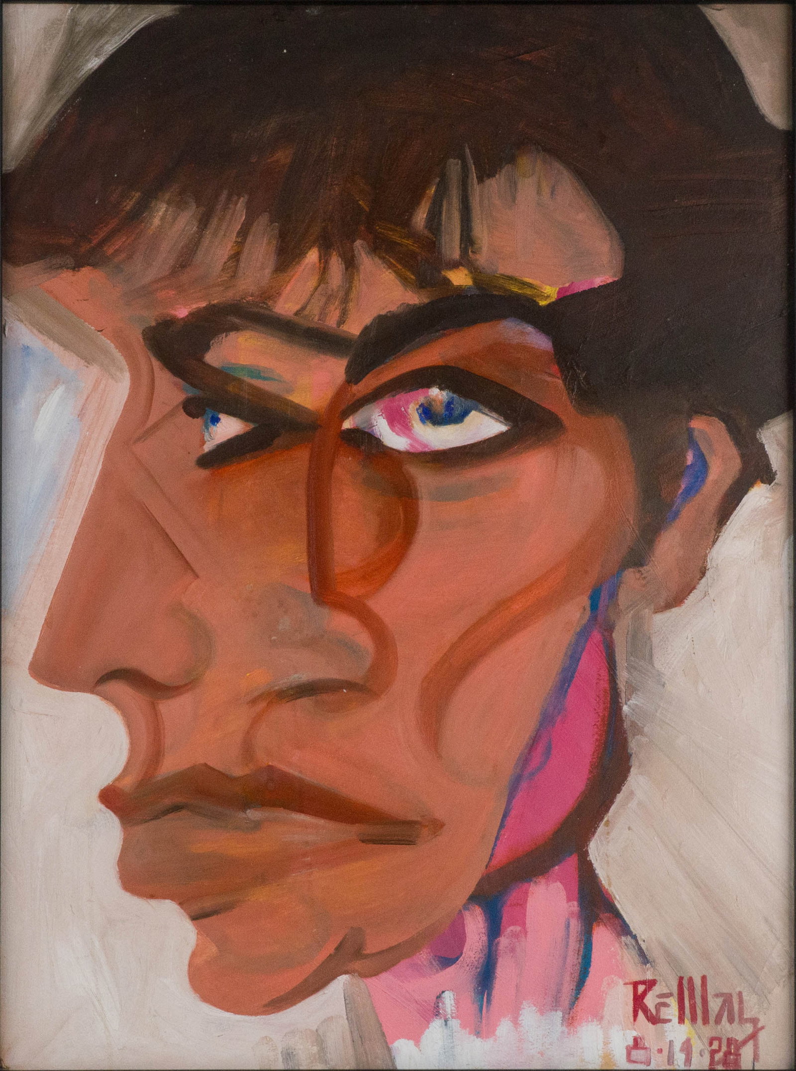 Mick Jagger, Oil on Paper: Mick Jagger Oil on Paper Signed l.r. "REMAL (?)" dated 8-14-28. Sight: 23 1/4 x 17 1/4 in. (59.1 x 43.8 cm.), Frame: 33 1/2 x 27 1/2 in. (85.1 x 69.9 cm.)