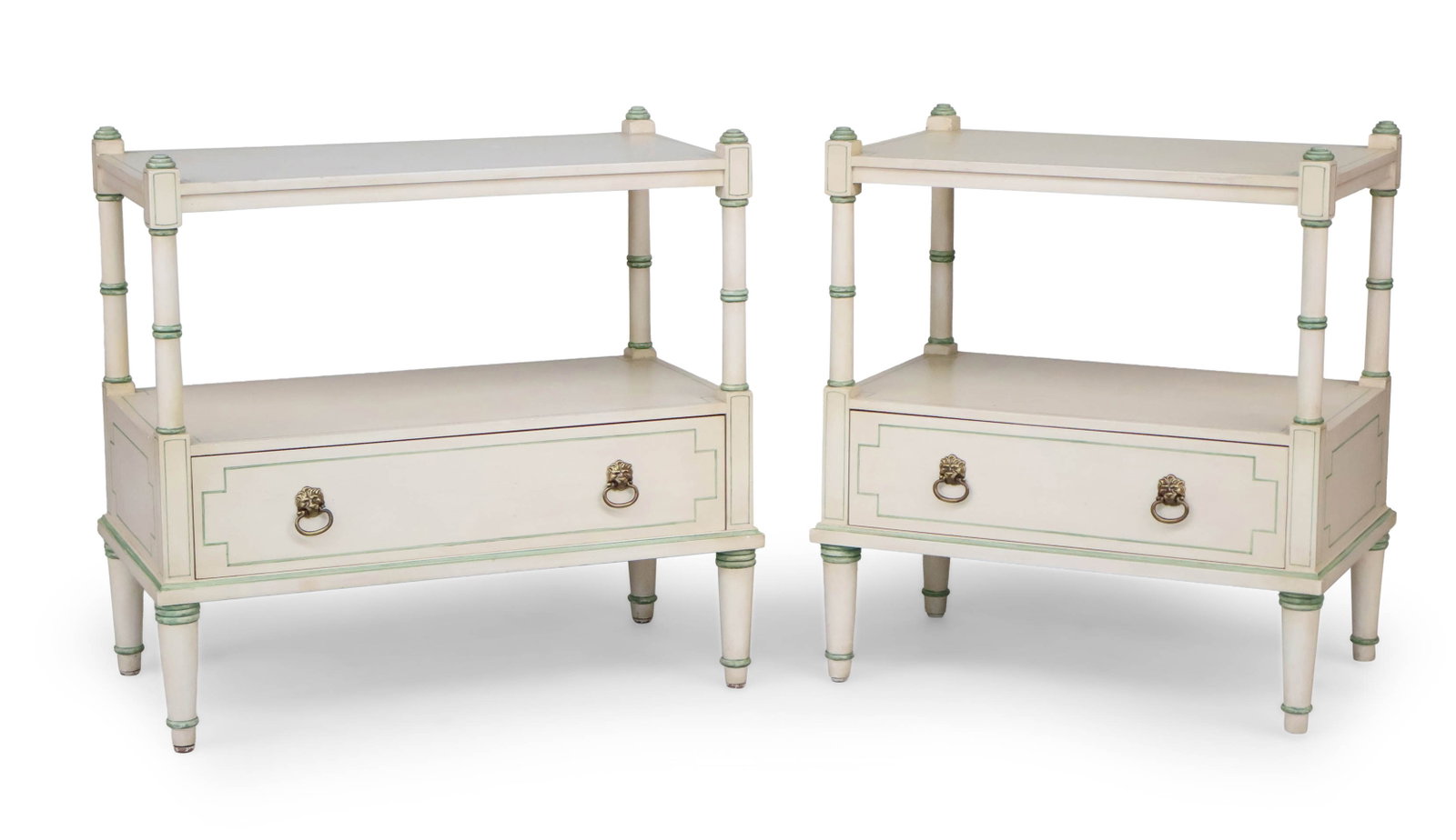 Pair of Julia Gray White and Green Painted Nightstands: Pair of Julia Gray White and Green Painted Nightstands Two tiered with one drawer, labeled inside drawer. 26 1/4 x 27 1/4 x 14 1/4 in. (66.7 x 69.2 x 36.2 cm.)