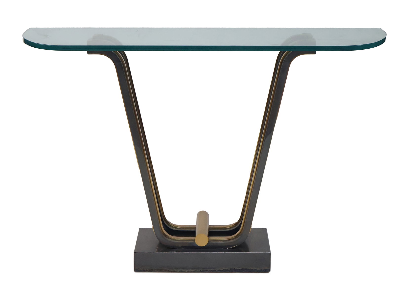 Modern Metal Glass Top Pier Table: Modern Metal Glass Top Pier Table Brass mounted on pewter colored metal. 34 1/2 x 54 x 20 in. (87.6 x 137.2 x 50.8 cm.)