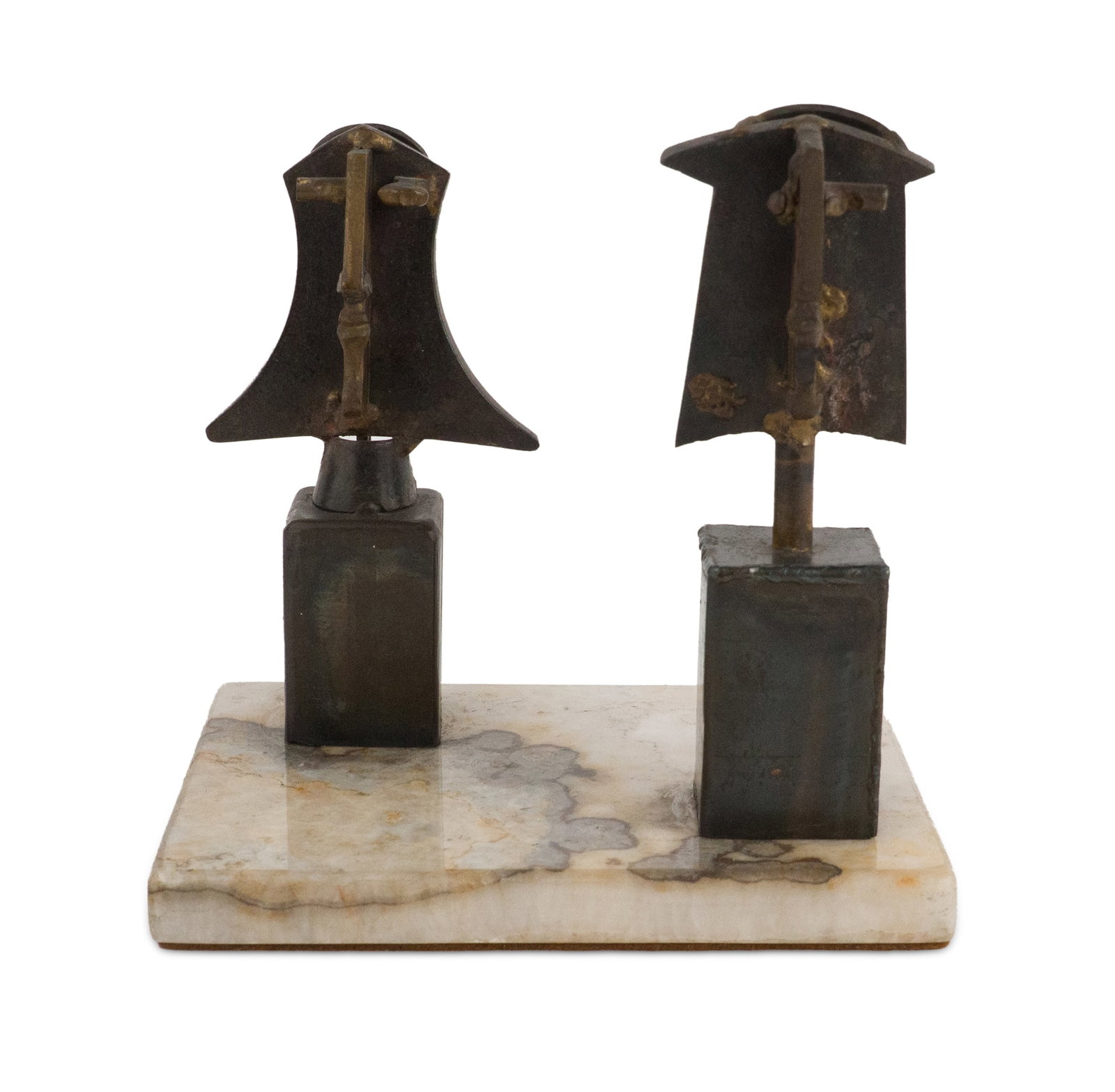 Two Abstract Figural, Mixed Metal Sculptures: Two Abstract Figural Mixed Metal Sculptures Mounted on a marble base, one initialed. 8 x 7 3/4 x 6 in. (20.3 x 19.7 x 15.2 cm.)