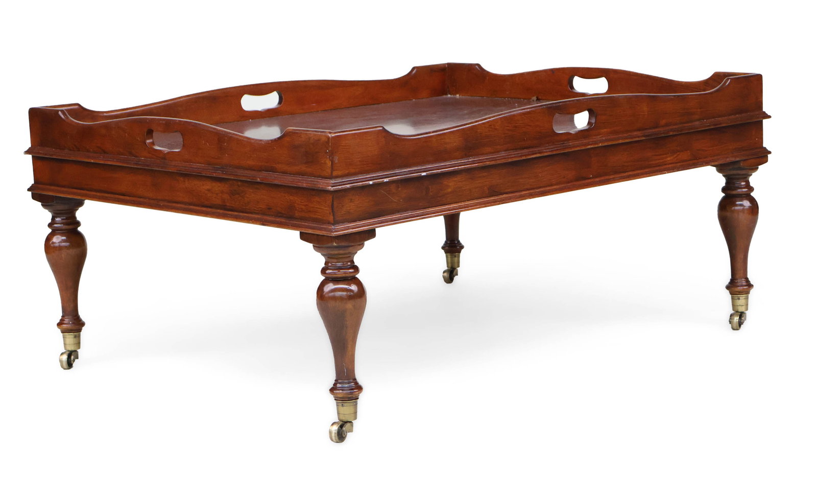 Ralph Lauren Mahogany Cocktail Table: Ralph Lauren Mahogany Cocktail Table With tray top and labeled underside. 18 1/2 x 40 3/4 x 32 3/4 in. (47 x 103.5 x 83.2 cm.)