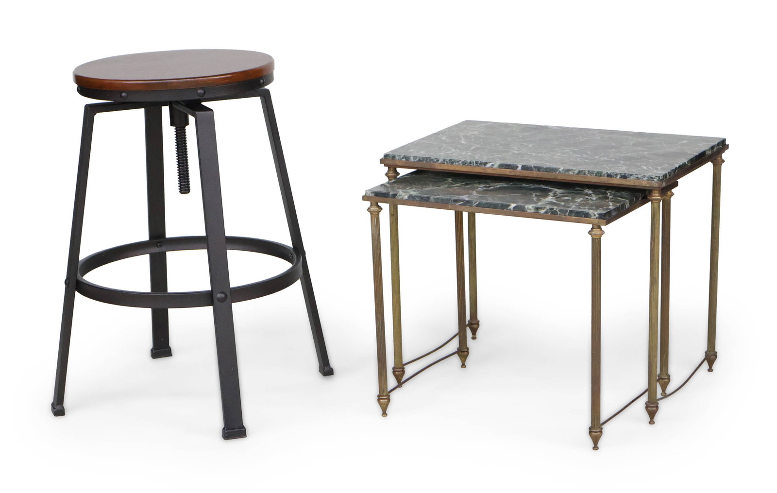 Set of Neoclassical Style Brass and Marble Top Nesting Tables: Set of Neoclassical Style Brass and Marble Top Nesting Tables 20th C. Together with a modern metal and wood adjustable bar stool. Table: 17 1/2 x 21 x 14 1/4 in. (44.5 x 53.3 x 36.2 cm.), Stool: 24