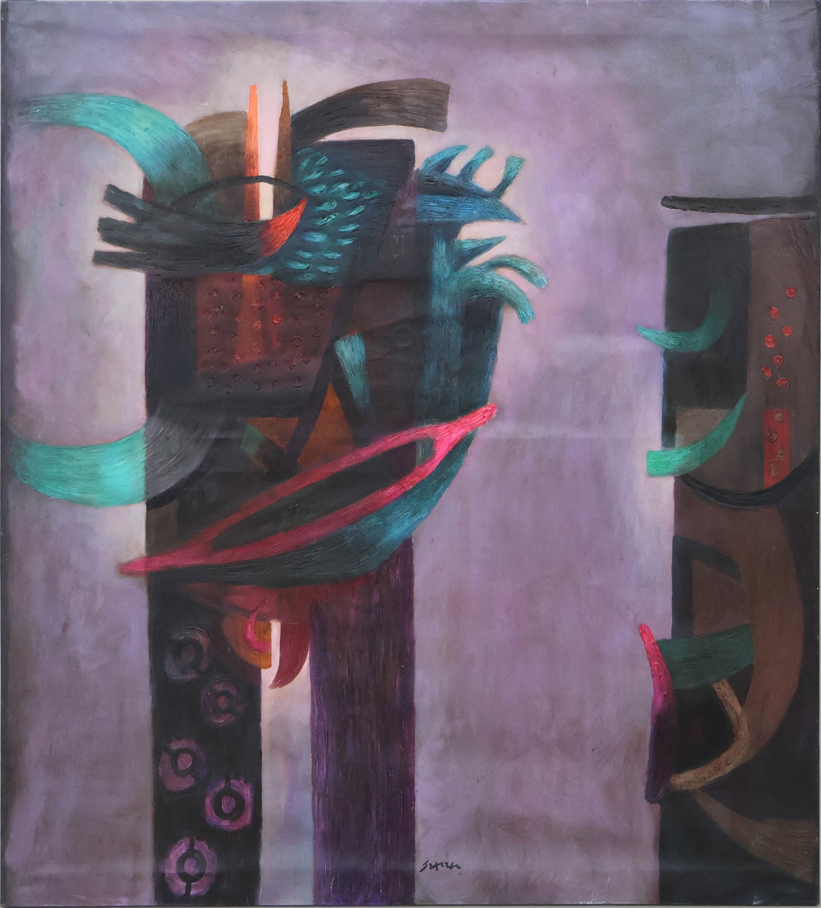 Fernando de Szyszlo, Peruvian 1925-2017, Visitante, Acrylic on Canvas: Fernando de Szyszlo Peruvian, 1925-2017 Visitante Acrylic on Canvas Signed l.c. with certificate of authenticity from Ergane Gallery. 47 1/2 x 51 in. (120.7 x 129.5 cm.)