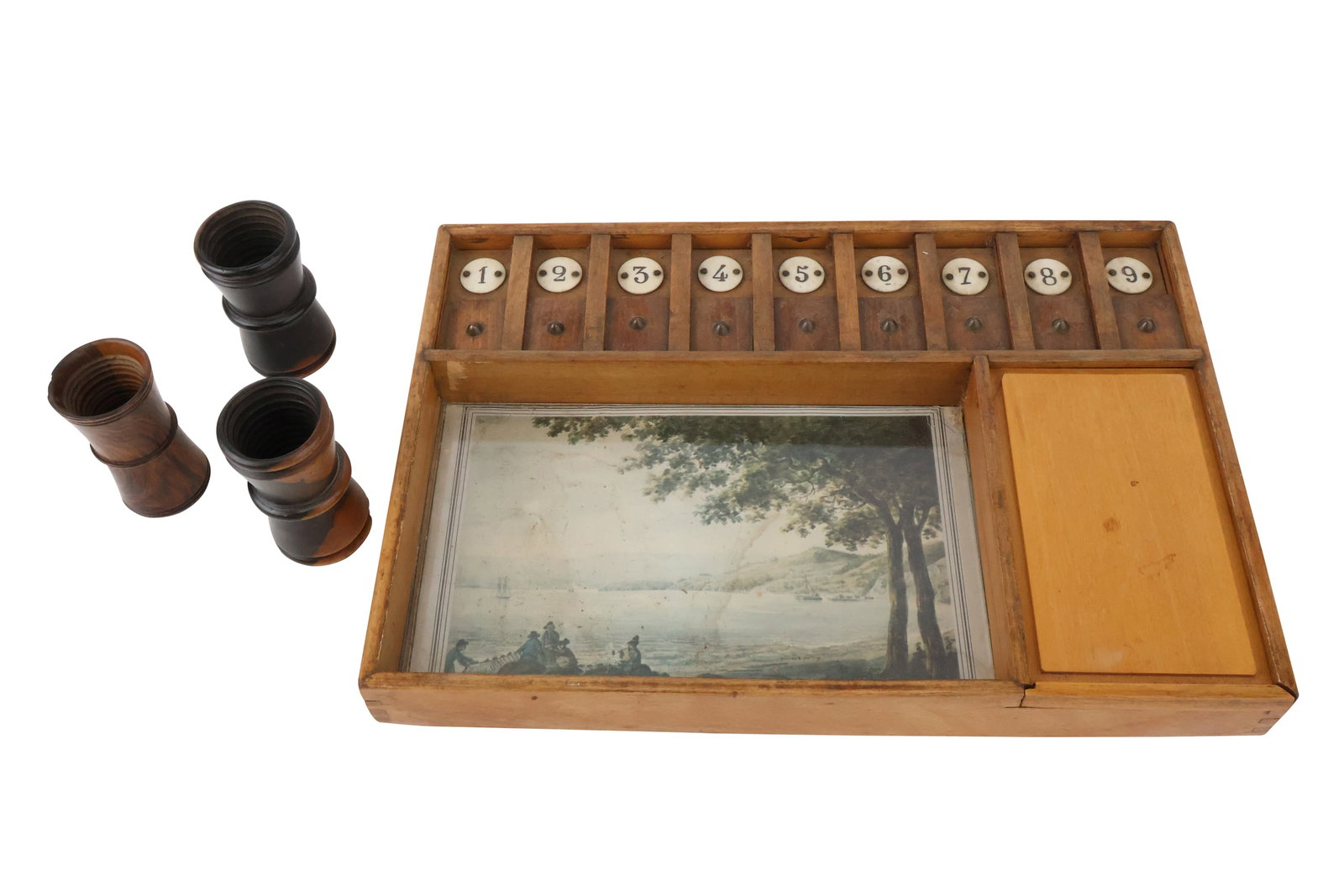 Vintage Dice Game Board: Vintage Dice Game Board With sliding doors for number 1-9, a compartment for dice and three dice shakers. 10 x 14 1/2 x 1 1/2 in. (25.4 x 36.8 x 3.8 cm.)