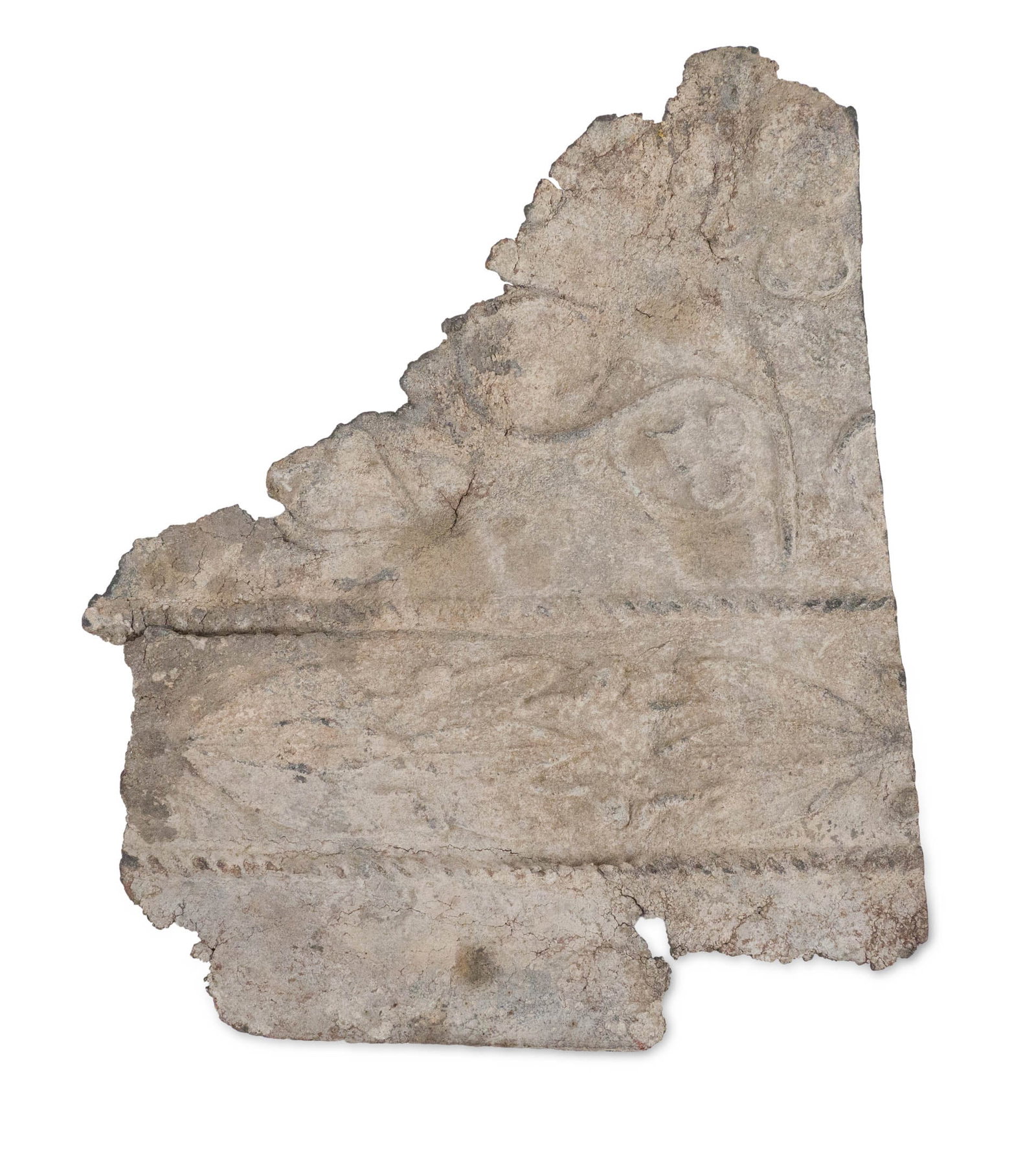 Roman Lead Sarcophagus Panel Section: Roman Lead Sarcophagus Panel Section Roman, Imperial Period, ca. 2nd to 3rd century CE. An attractive fragment of a panel from a lead sarcophagus adorned with relief images encoded by its makers with