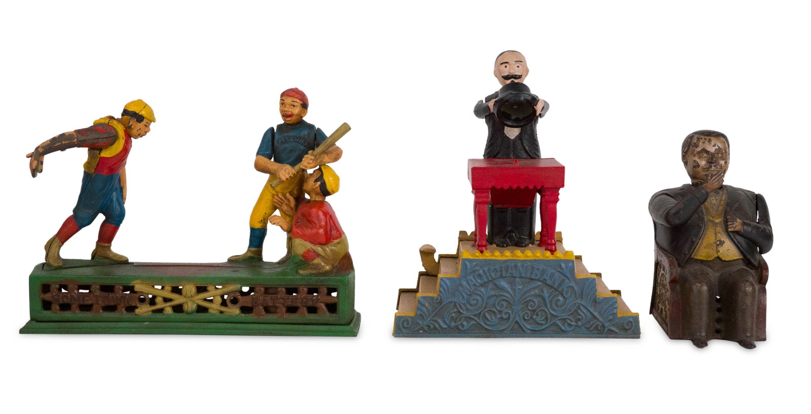 Tammany Cast Iron Mechanical Bank: Tammany Cast Iron Mechanical Bank Vintage with wear, 1875, 6"h. Together with a Magician bank, restored, or reproduction, and a reproduction Home Town Battery Bank, 9"l. 6 in. (15.2 cm.)